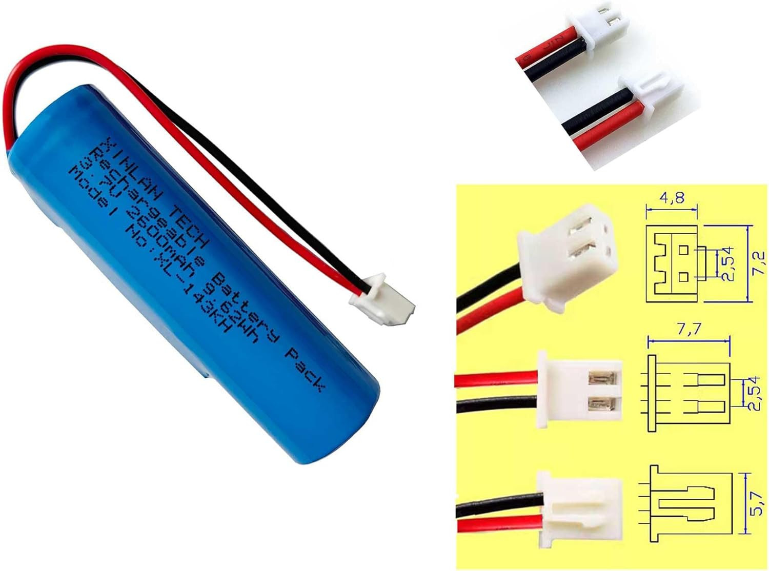 3.7V 2600Mah 18650 Rechargeable Li-Ion Battery with Jst XH2.54/2P Connector Plug