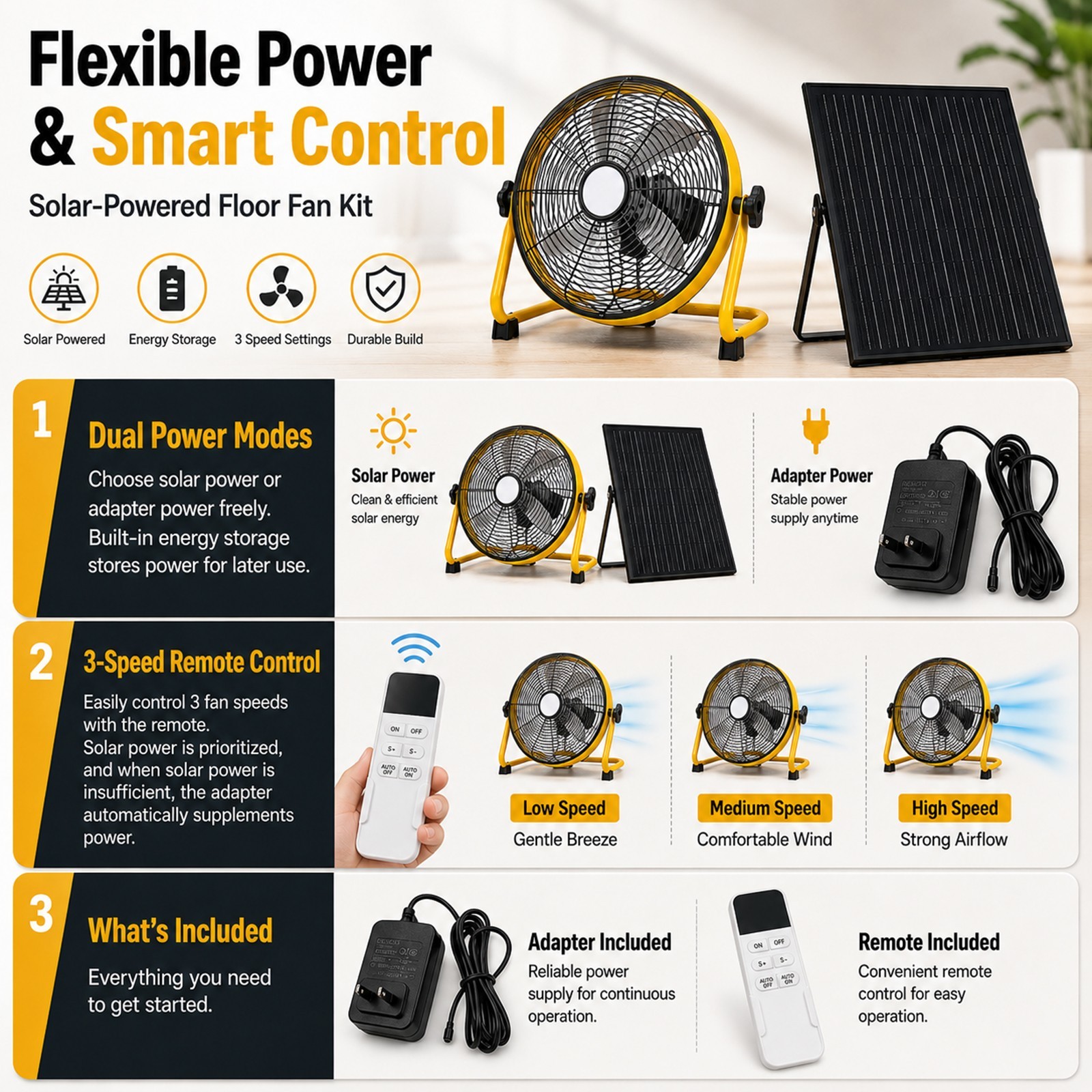 12″ Solar Rechargeable Floor Fan Built-in 1500mAh Battery for Backyard Camping