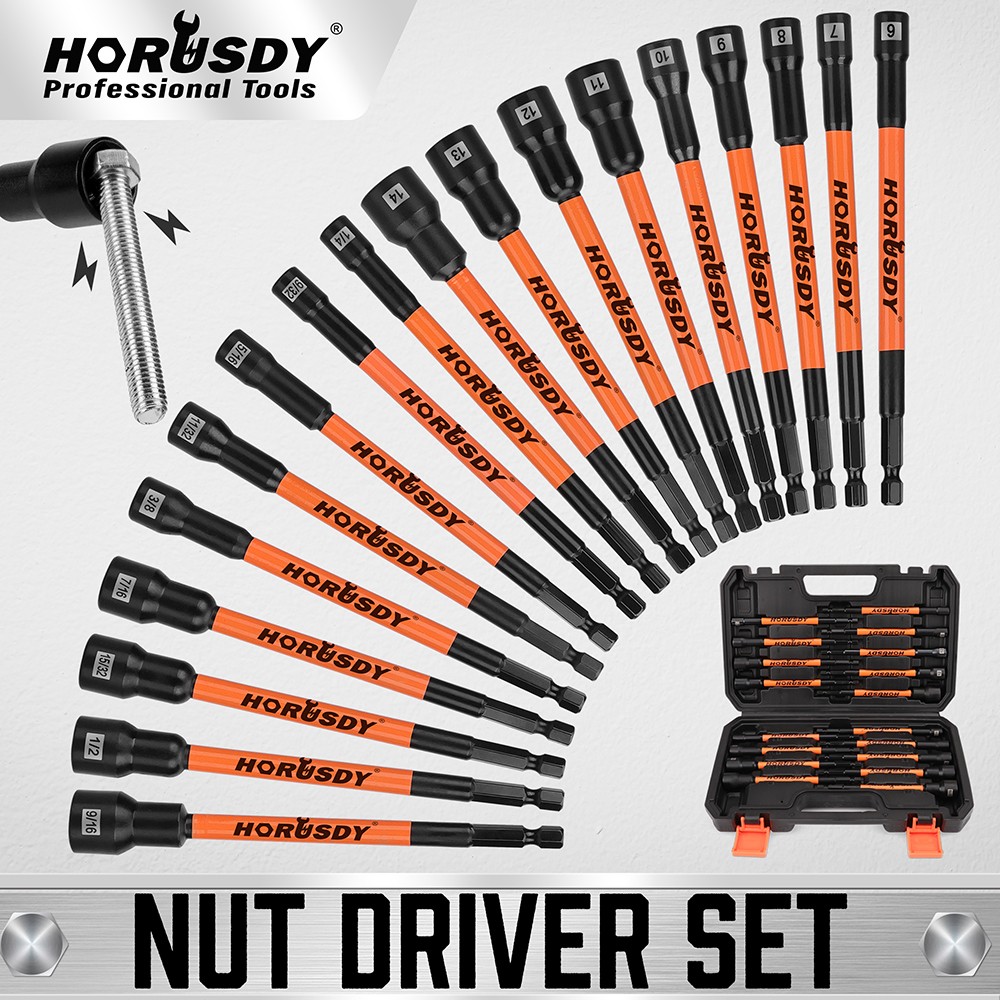 18PC Impact Magnetic Nut Drivers Set SAE & Metric Extra Long 1/4″ Hex Shank Case