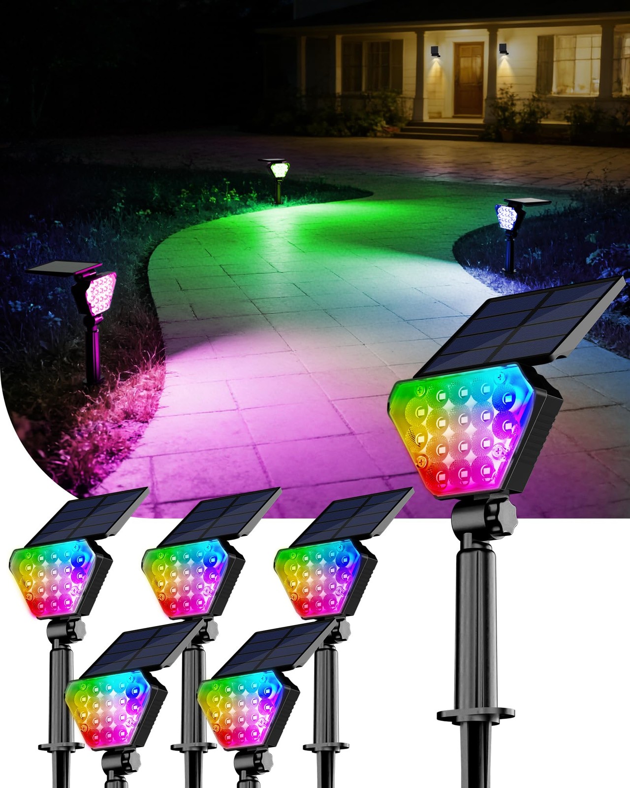 T-SUN 6-Pack Outdoor Solar LED Spotlights IP65, Color Changing, Auto On/Off