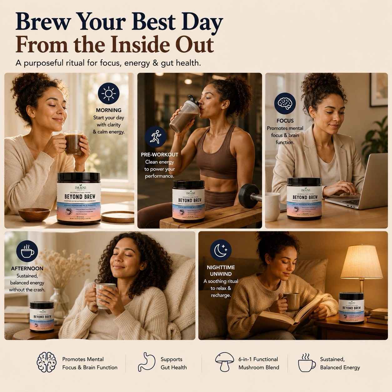 3-PACK Beyond Brew Mushroom Coffee 7-in-1 Cacao Energy/focus/Gut/Mental!