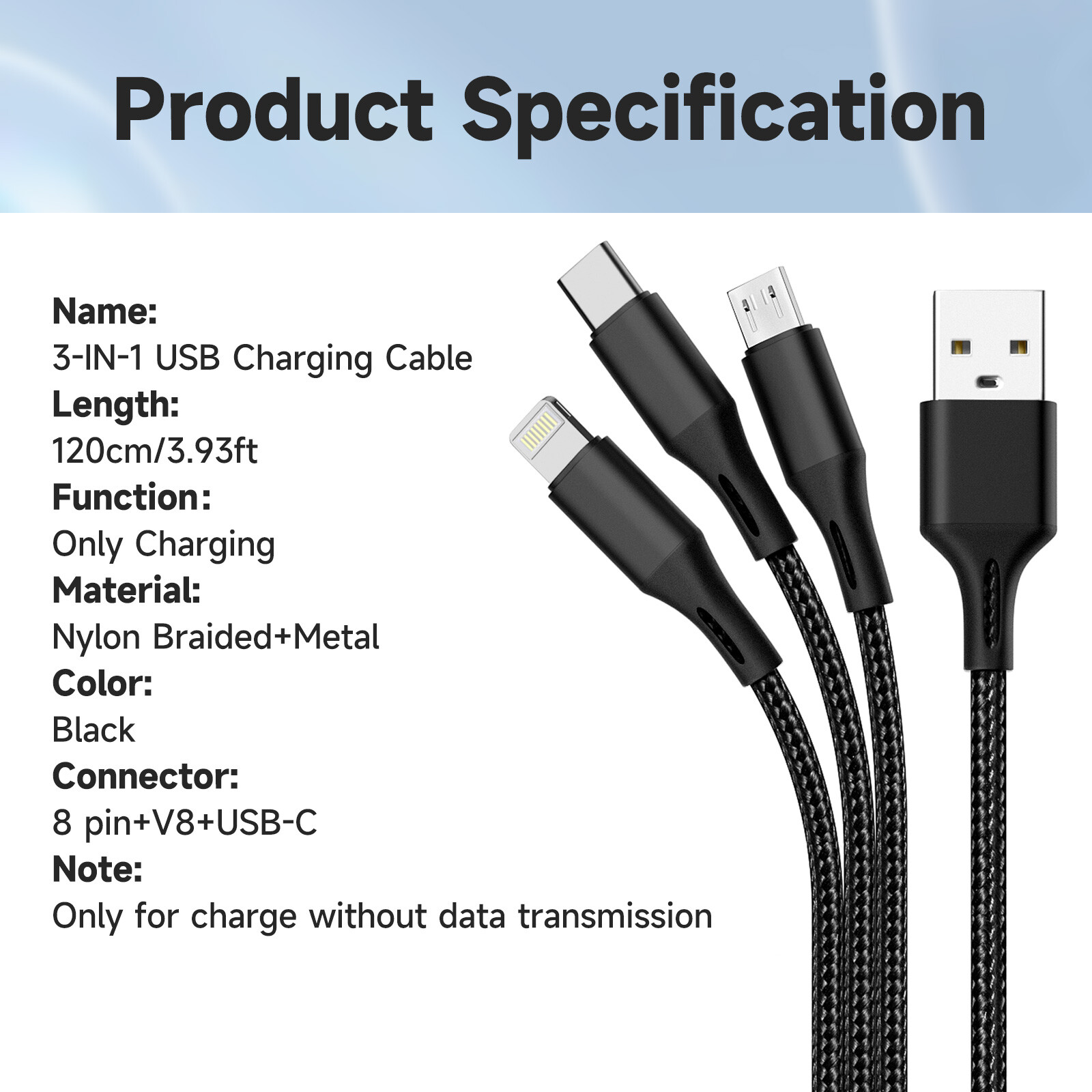 3in1 Multi USB Charger Charging Cable Micro USB Type-C for iPhone Samsung