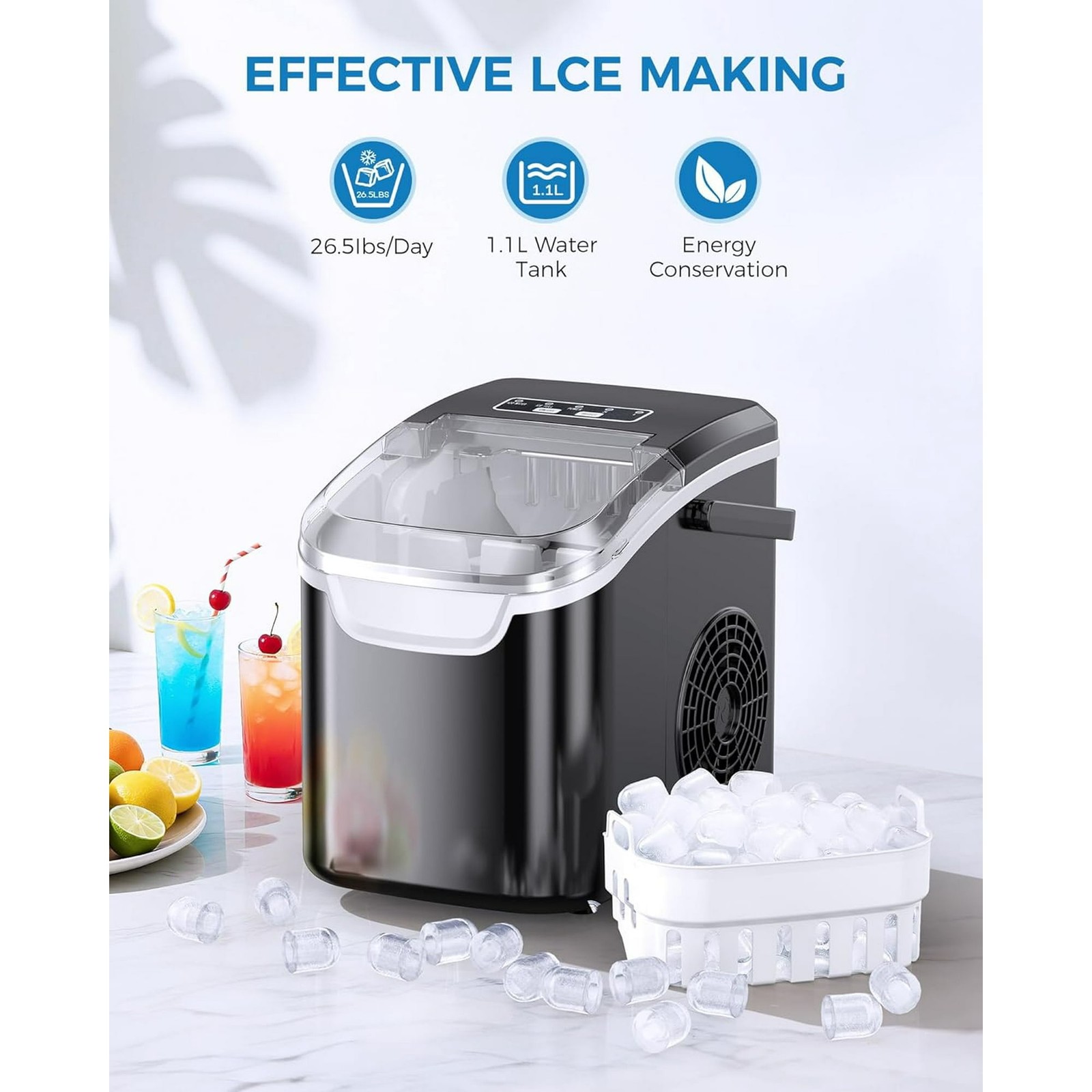 Portable Ice Machine with Self-Cleaning, 26.5 lbs/24Hrs, 8 Ice Cubes in 6 Mins