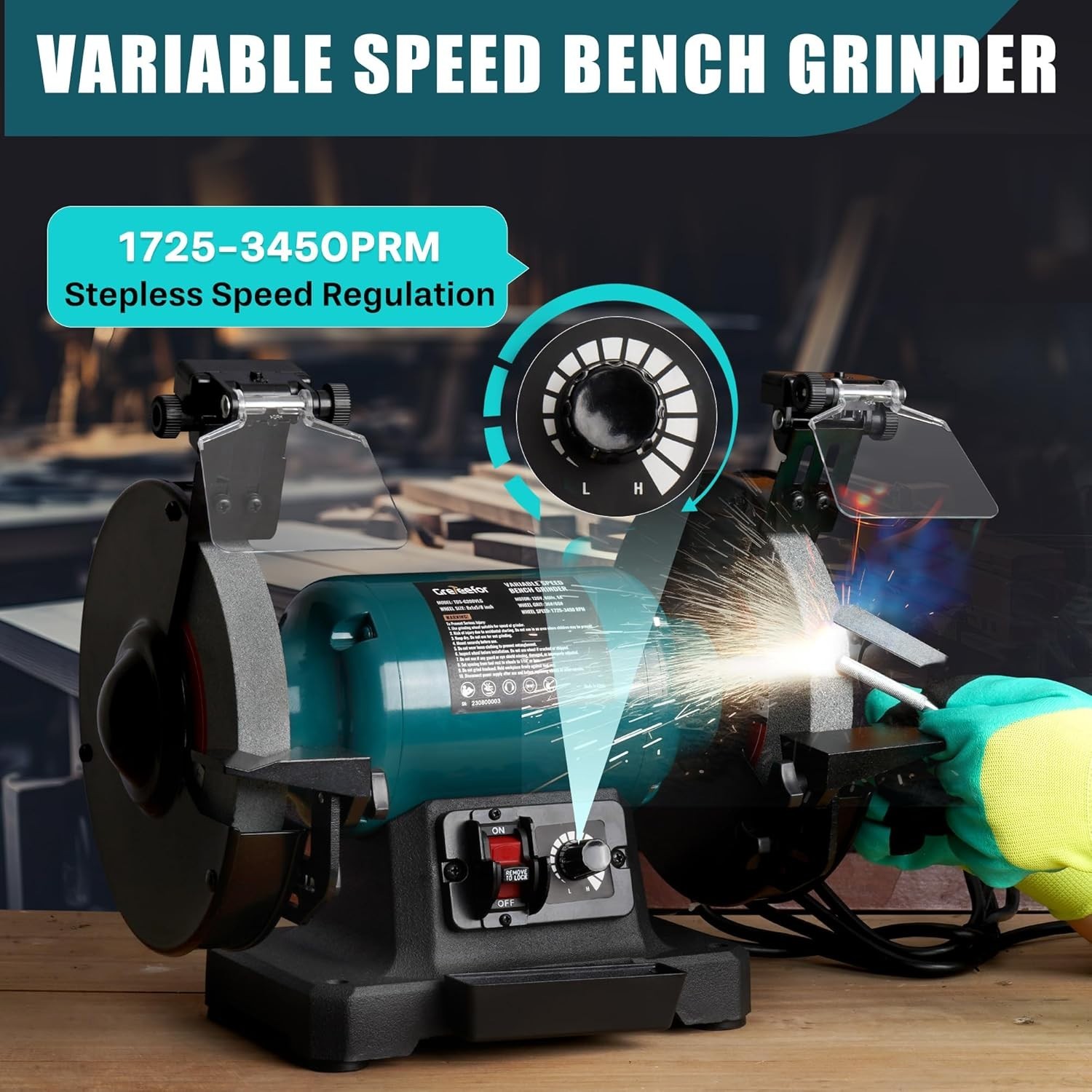 6″ Variable Speed Bench Grinder 1725–3450 RPM Brushless Motor LED Light