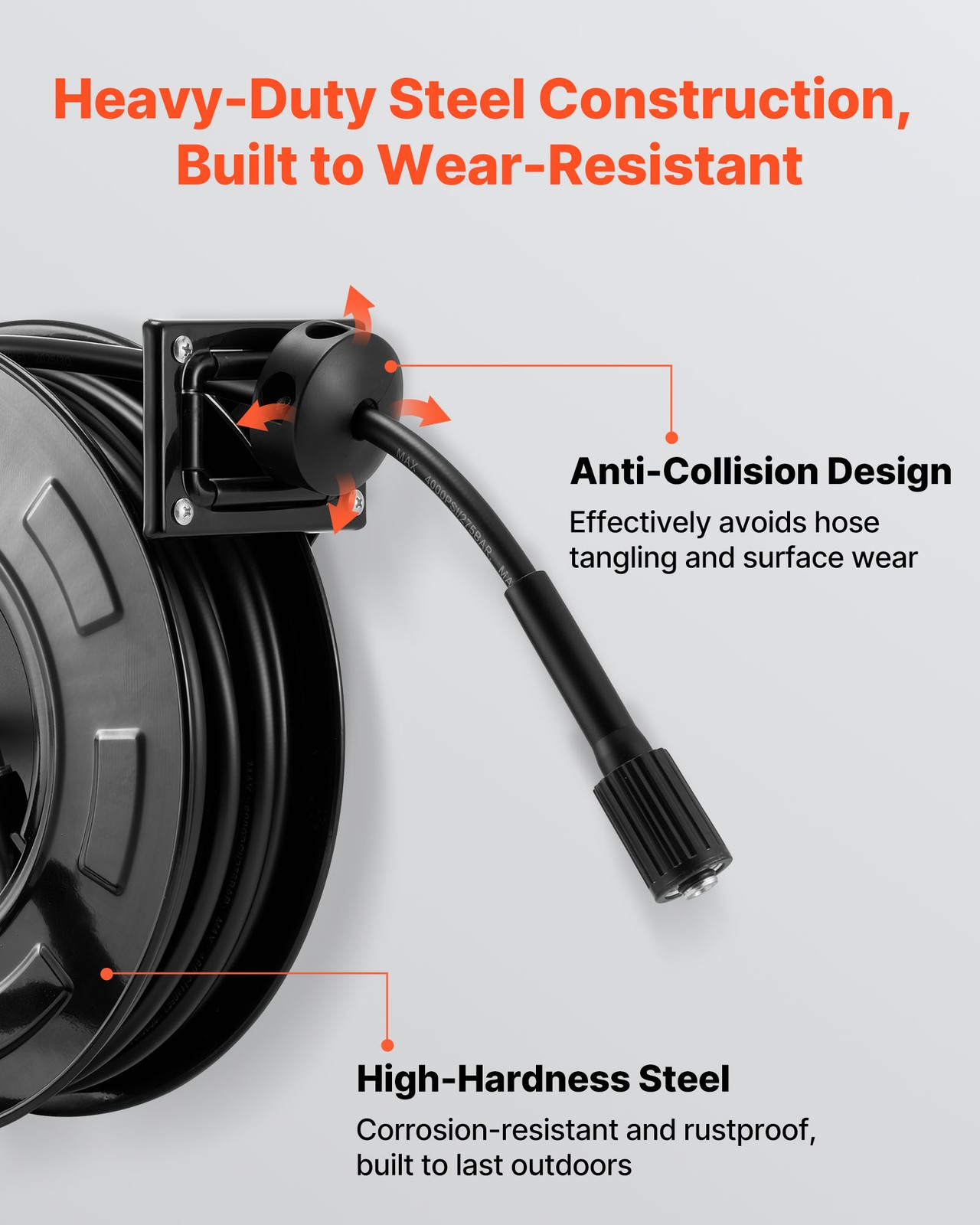 VEVOR Pressure Washer Hose Reel 60ft x 1/4in Retractable 4000PSI Auto-Rewinding