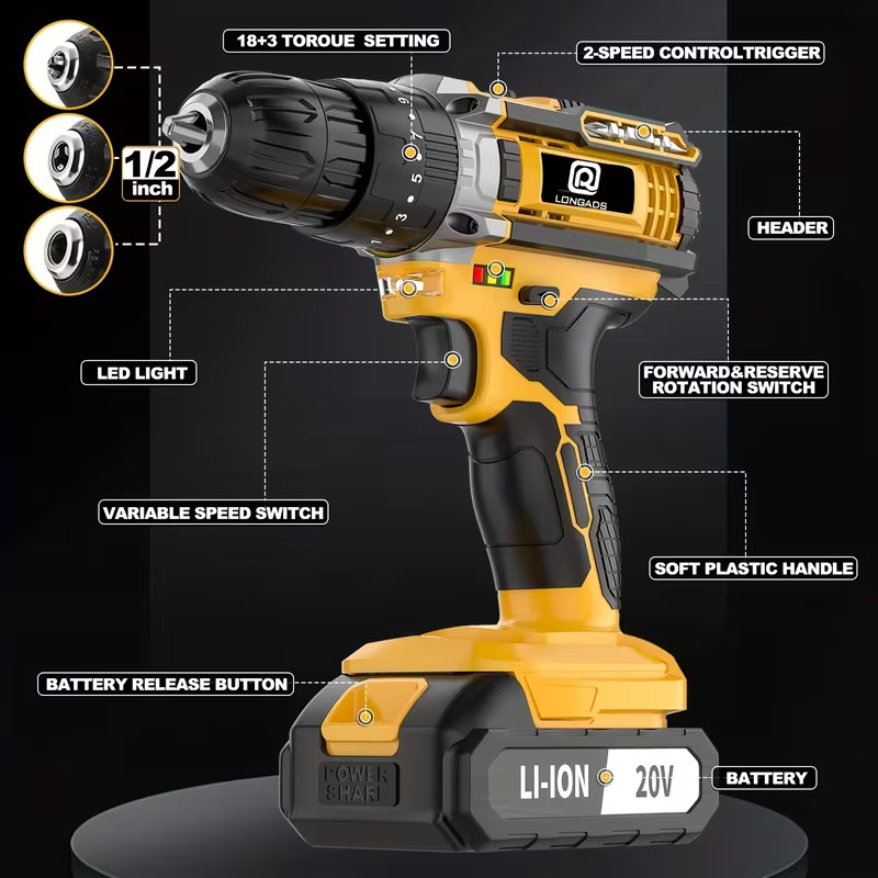 21V Cordless Hammer Drill Set Electric Impact Driver Screwdriver & 1/2 Battery