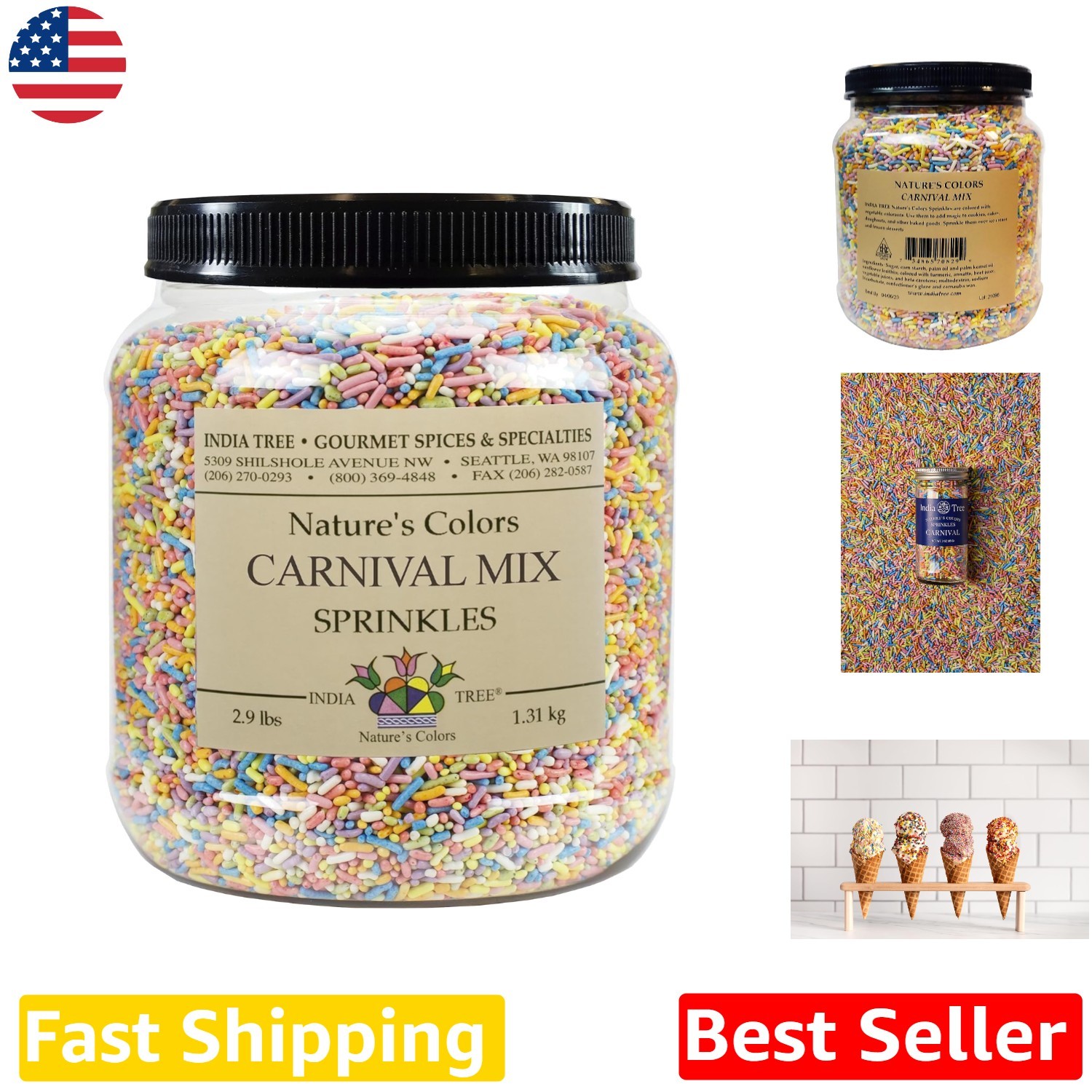 Pastel Rainbow Sprinkles, 2.9lb Canister, Dye-Free, Plant-Based, Allergen-Fre…