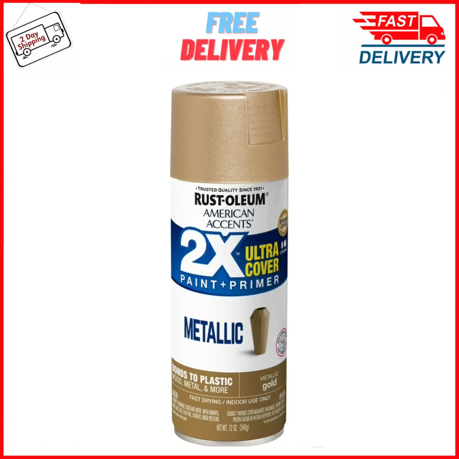 Gold, Rust-Oleum American Accents 2X Ultra Cover Metallic Spray Paint – 12 oz