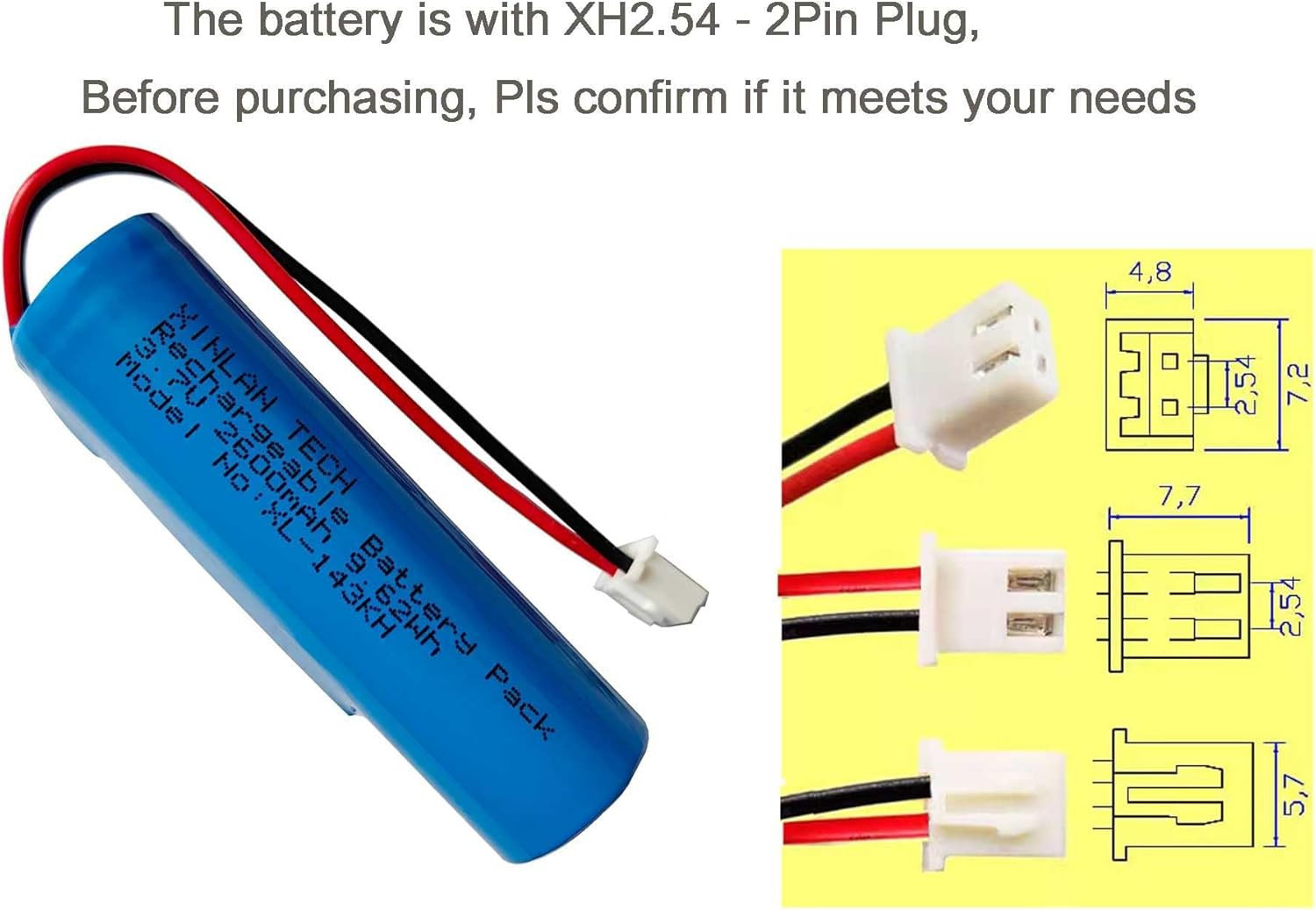 3.7V 2600Mah 18650 Rechargeable Li-Ion Battery with Jst XH2.54/2P Connector Plug