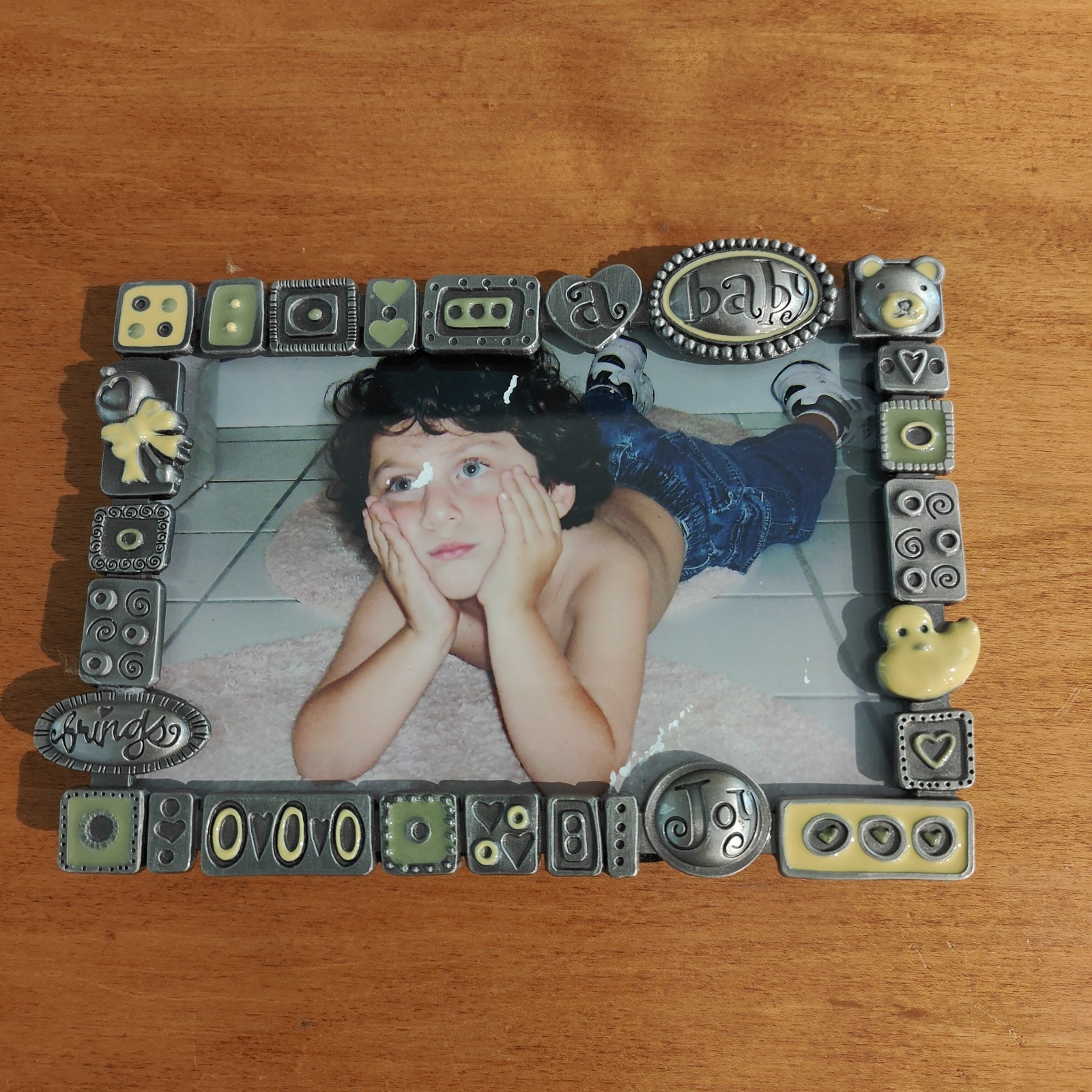 FETCO Pewter & Enamel “Baby Brings Joy” Unisex Photo Frame 4×6 Baby Nursery