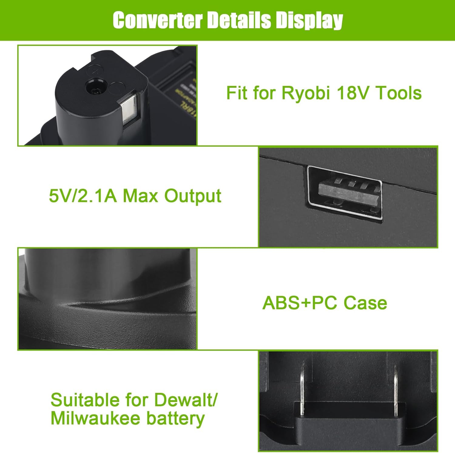 Battery Adapter for Ryobi 18V – For Milwaukee 18V & DeWalt 20V to Ryobi with USB