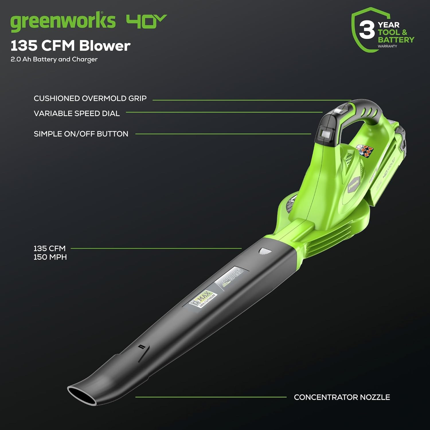 Powerful 40V Leaf Blower, 150 MPH, Lightweight & Quiet with Battery & Charger