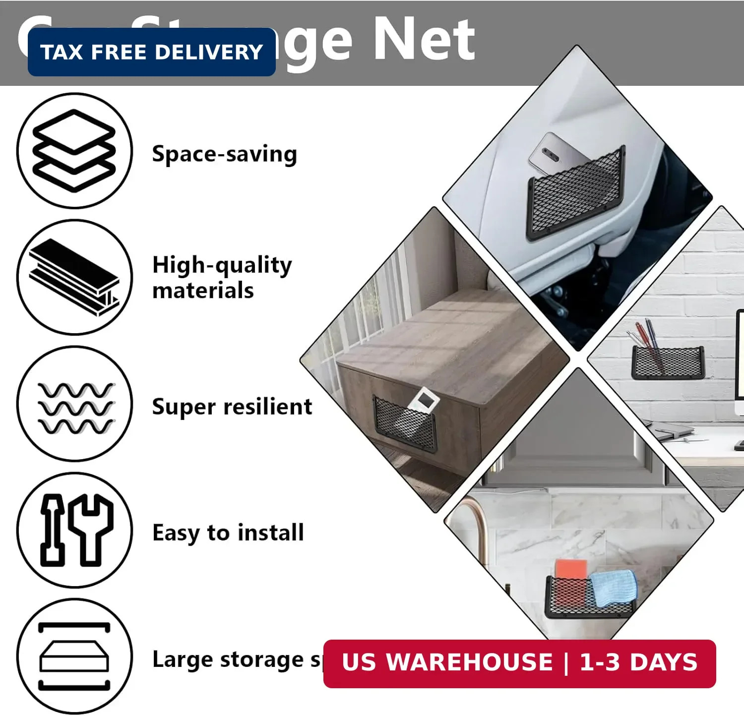 2 PCS Car Net Pocket, ABS Plastic Frame Cargo Net Storage Pockets Phone Nets, Ca