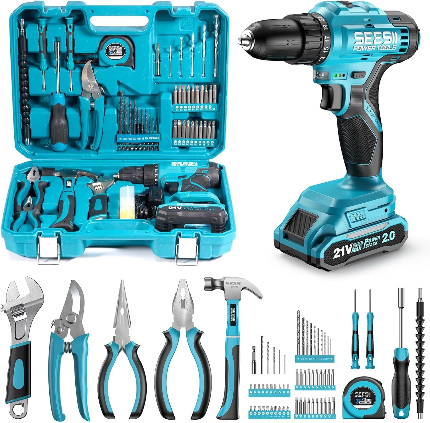 Seesii 190-Pcs Power Tool Set Kit with 21V Cordless Driver Toolbox Storage Case