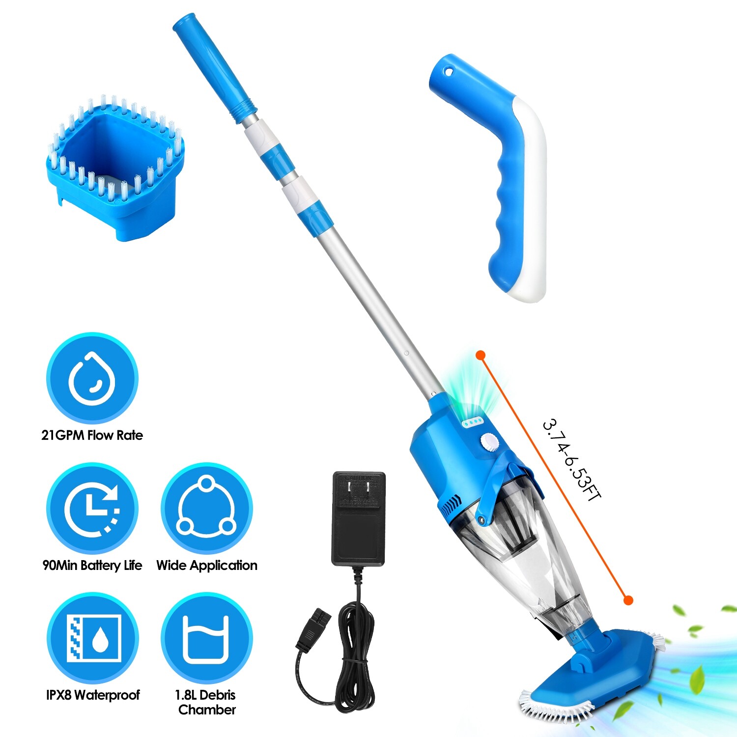 Cordless Pool Vacuum with Telescopic Pole Powerful Suction IPX8 Waterproof