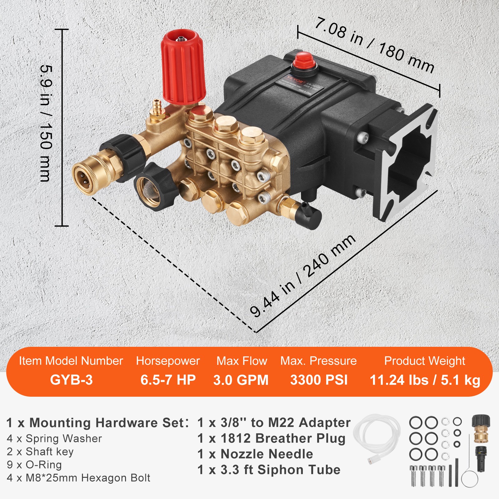 VEVOR Pressure Washer Pump Power Washer Pump 3/4″ Horizontal 3300 PSI 2.5 GPM