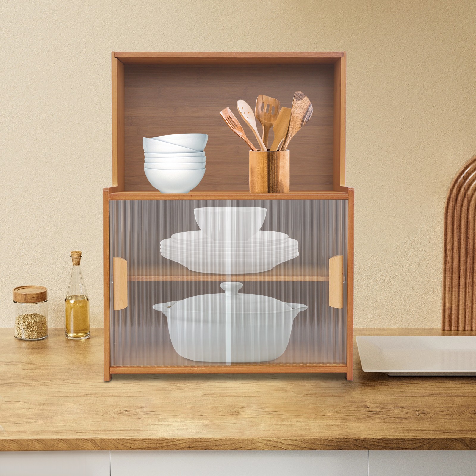 Kitchen Pantry Cabinet Small Storage Cabinet Cupboard with Sliding Glass Doors