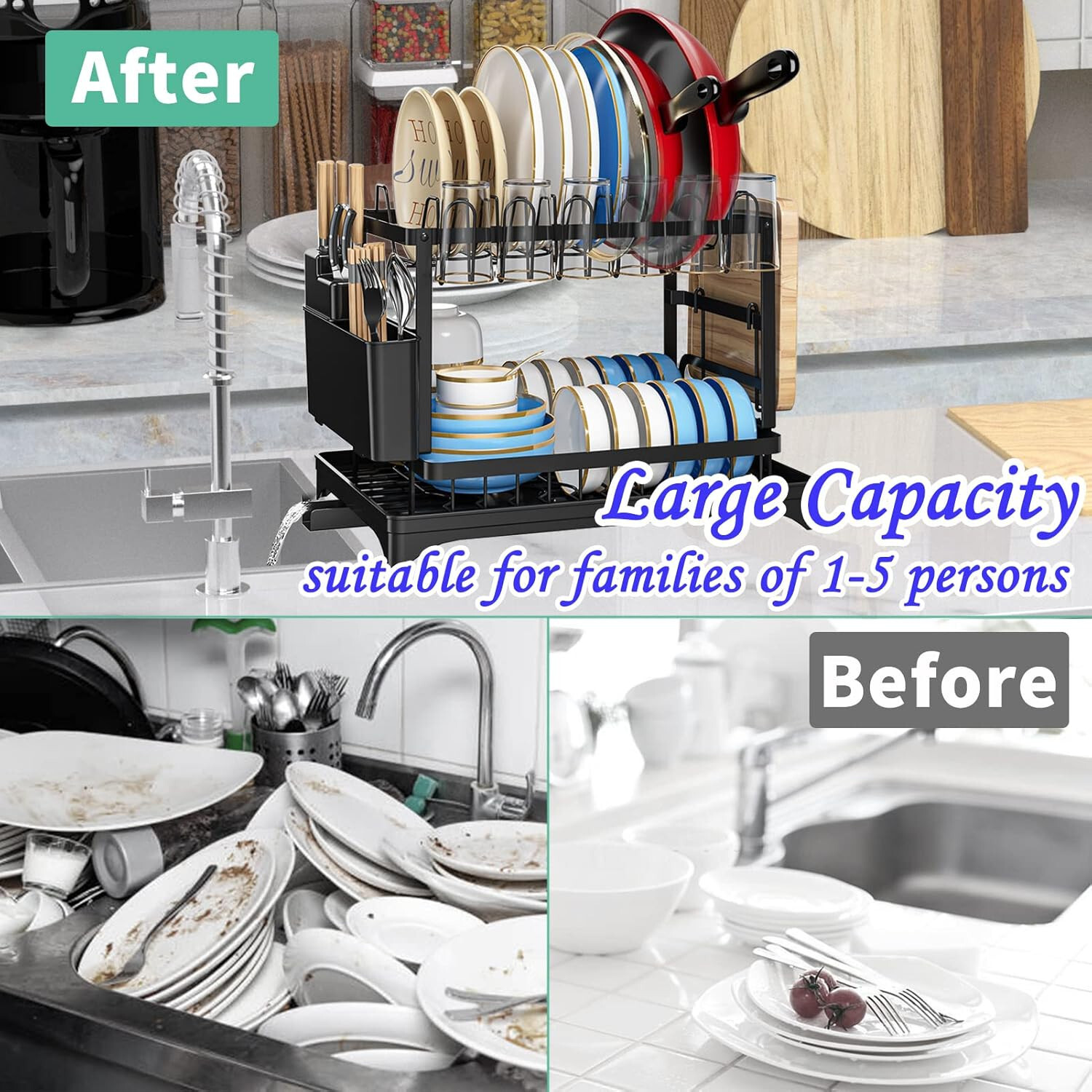 2 Tier Dish Drainer Rack with Drip Tray Cutlery Holder Plate Racks Kitchen Sink