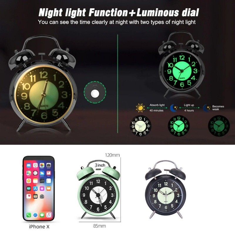 Retro Twin Bell Alarm Clock Quartz Silent Luminous Dial Nightlight Analog Clock