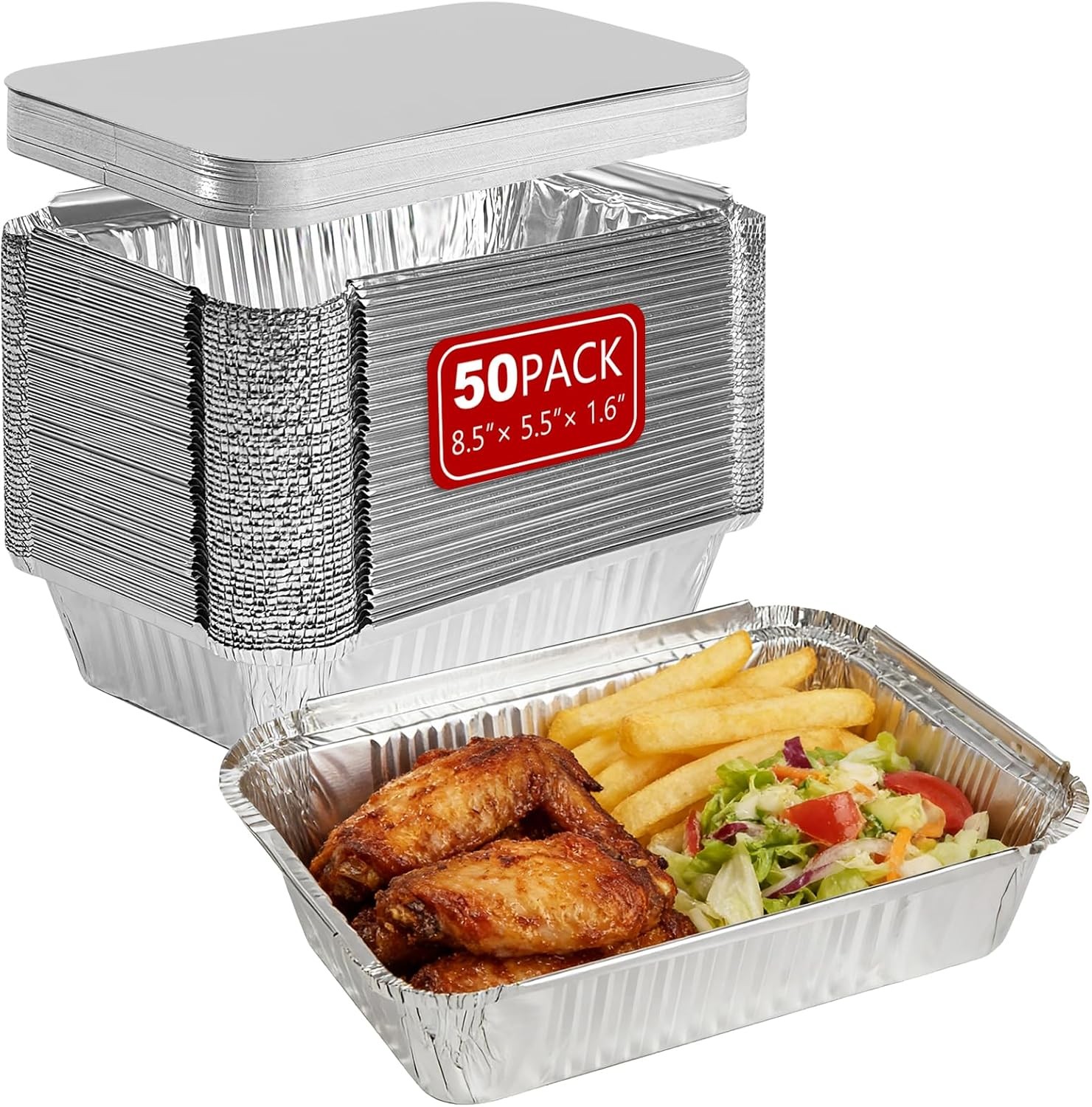50 Pack Aluminum Pans with Lids, 8.3×5.5×2 Inch 1.7 LB Foil Pan Disposable, Meal