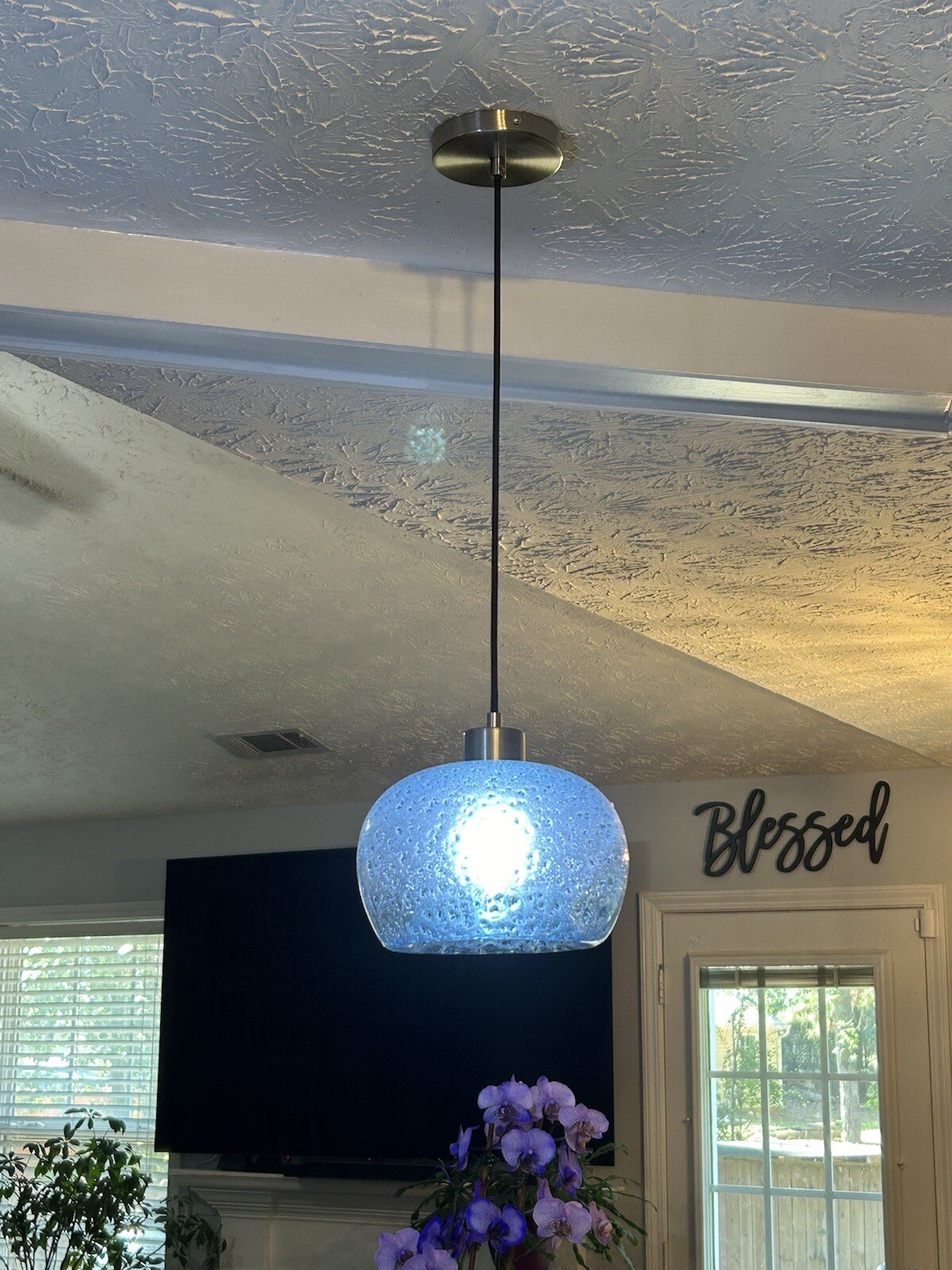 Hand Blown Dimpled Glass Pendant Light Blue Brushed Nickel Any Room