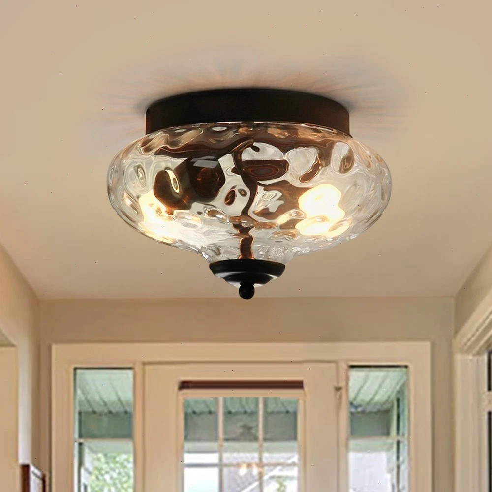 HUOKU Lumivt 2-Light 9.8 in.W Matte Black Hammered Glass Flush Mount Light