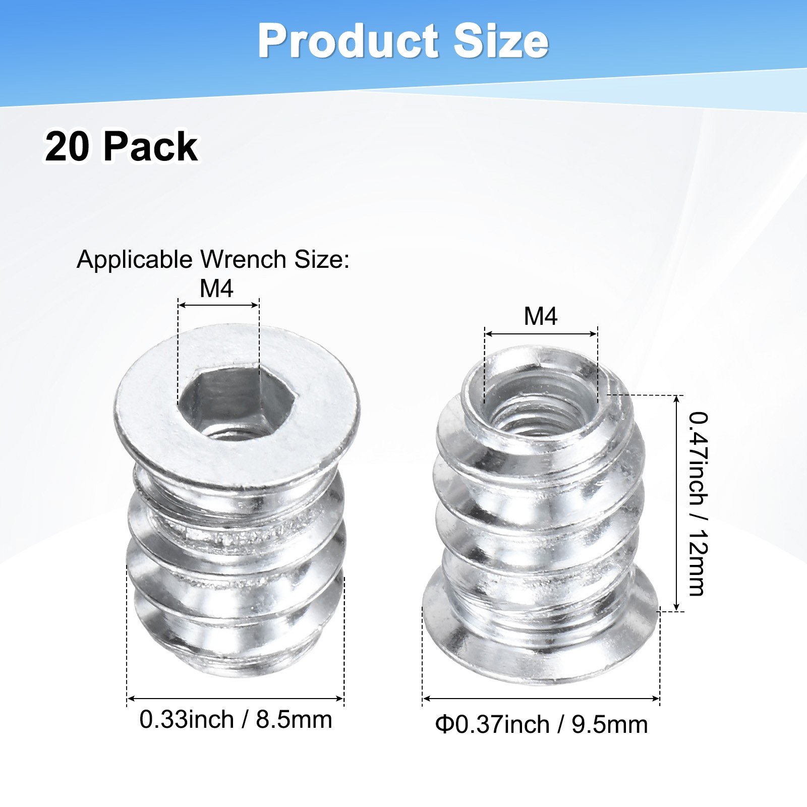 20-Pack Threaded Inserts for Wood, M4x12mm Threaded Insert Nuts [Silver Tone]