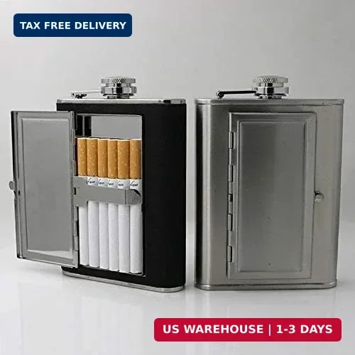6oz/180ml Black Leather Wrapped Hip Flask with Built-in Cigarette Case & Funnel