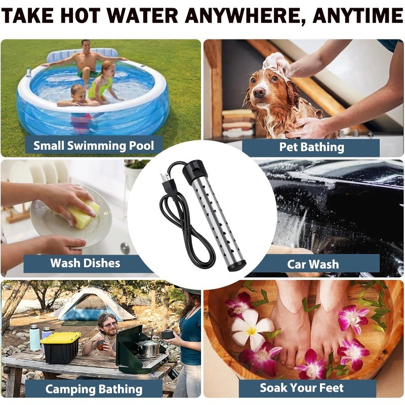2000W 110V Water Heater Portable Electric Immersion Element Bucket Boiler Travel