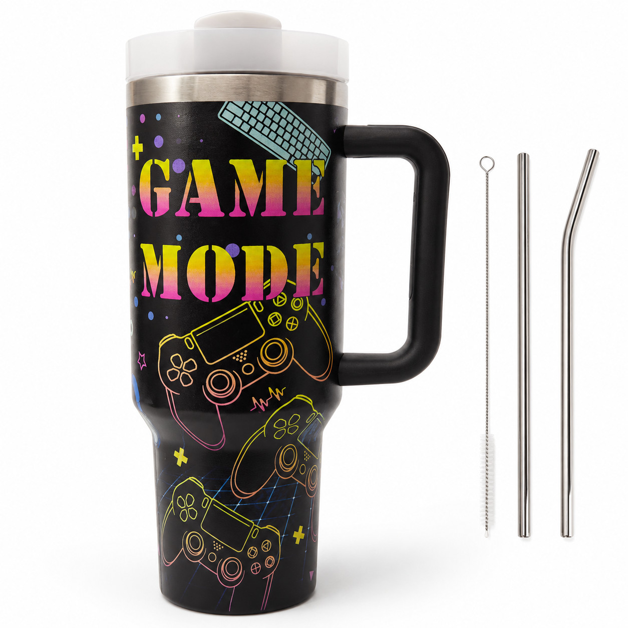 Game Mode 40oz Insulated Tumbler Black Gamer Travel Mug Handle Lid Straw