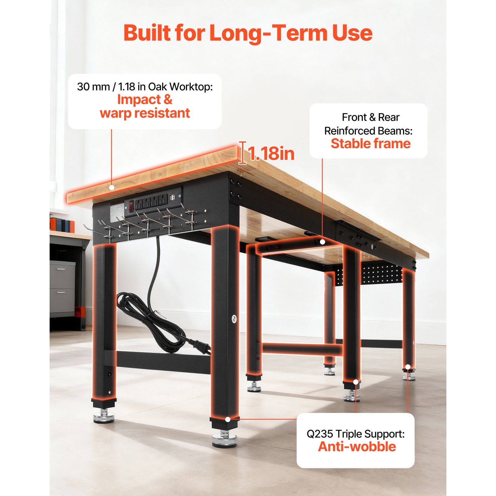 Uimoso Adjustable Workbench with Oak Wood Top and Built-in Power Outlets,72x24in