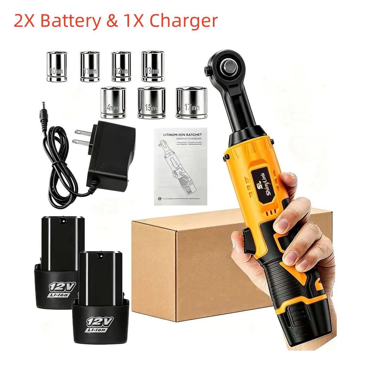 12V 3/8″ Cordless Electric Ratchet Socket Impact Wrench 90º 2X Battery 1 Charger