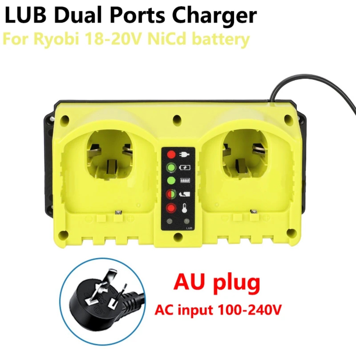 Portable Dual Ports Fast Charger Replace P117 for Ryobi 18V Battery P107 P108