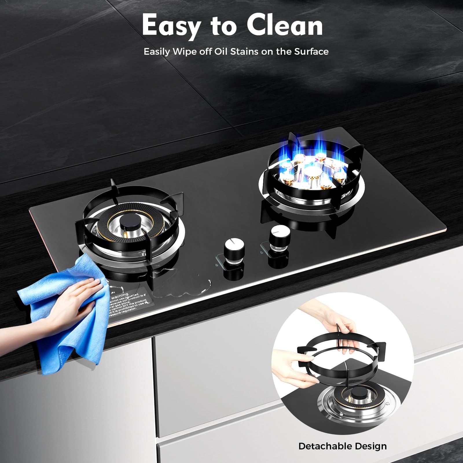 Portable Natural Gas Stove 2 Burner Tempered Glass Cooktop Black 73x41cm