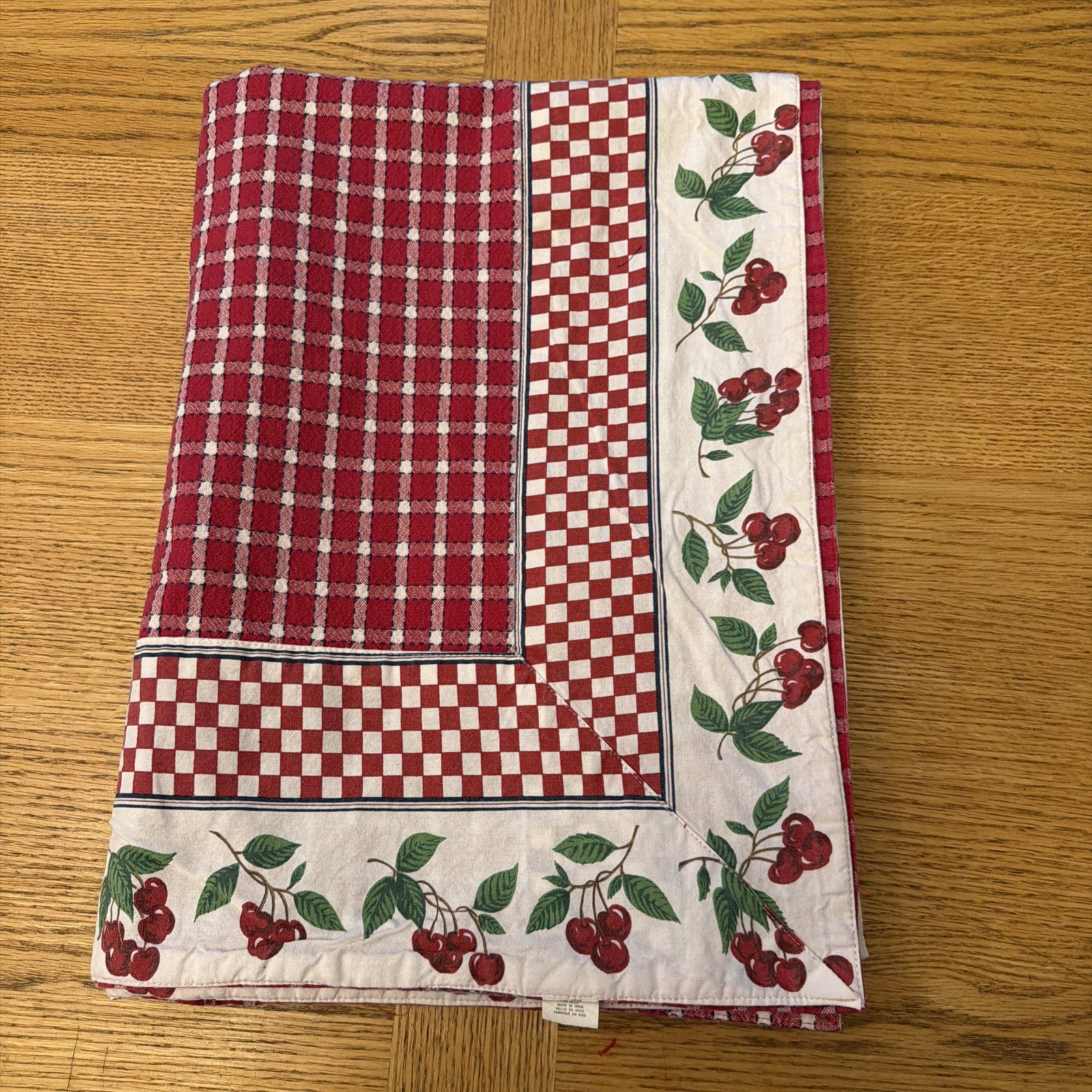 Red And White Check Cotton Tablecloth With Wide White & Cherry Border 52”x78”