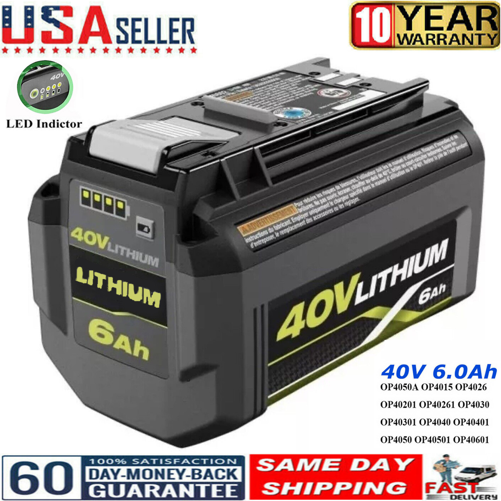 40V 6.0Ah battery for Ryobi OP40601 40V Lithium-ion High Capacity Battery OP4050