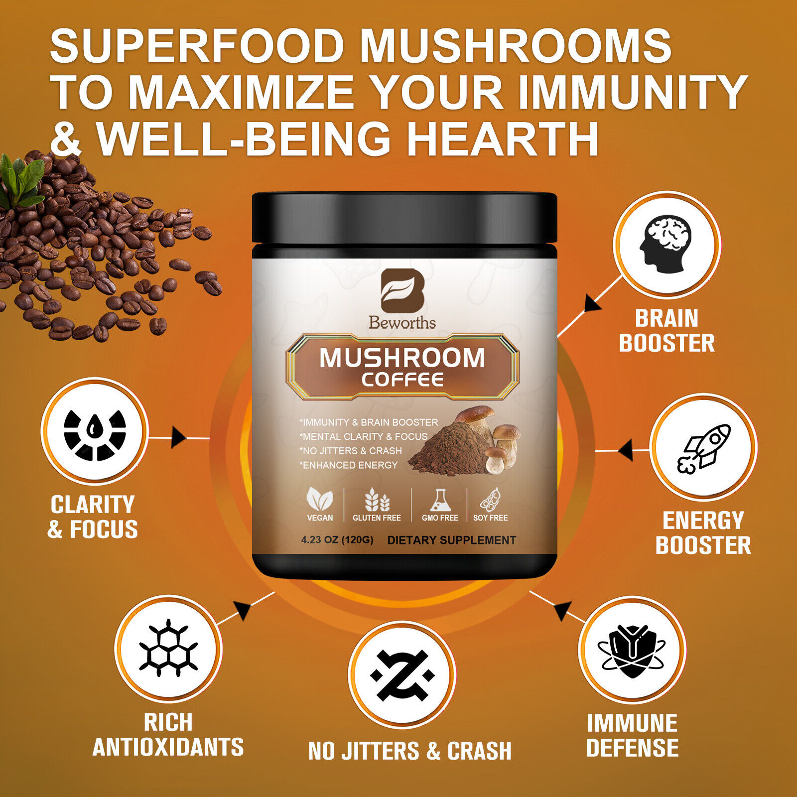 Mushroom Coffee-Organic Coffee Supplement – Boost Energy 22-80 Servings