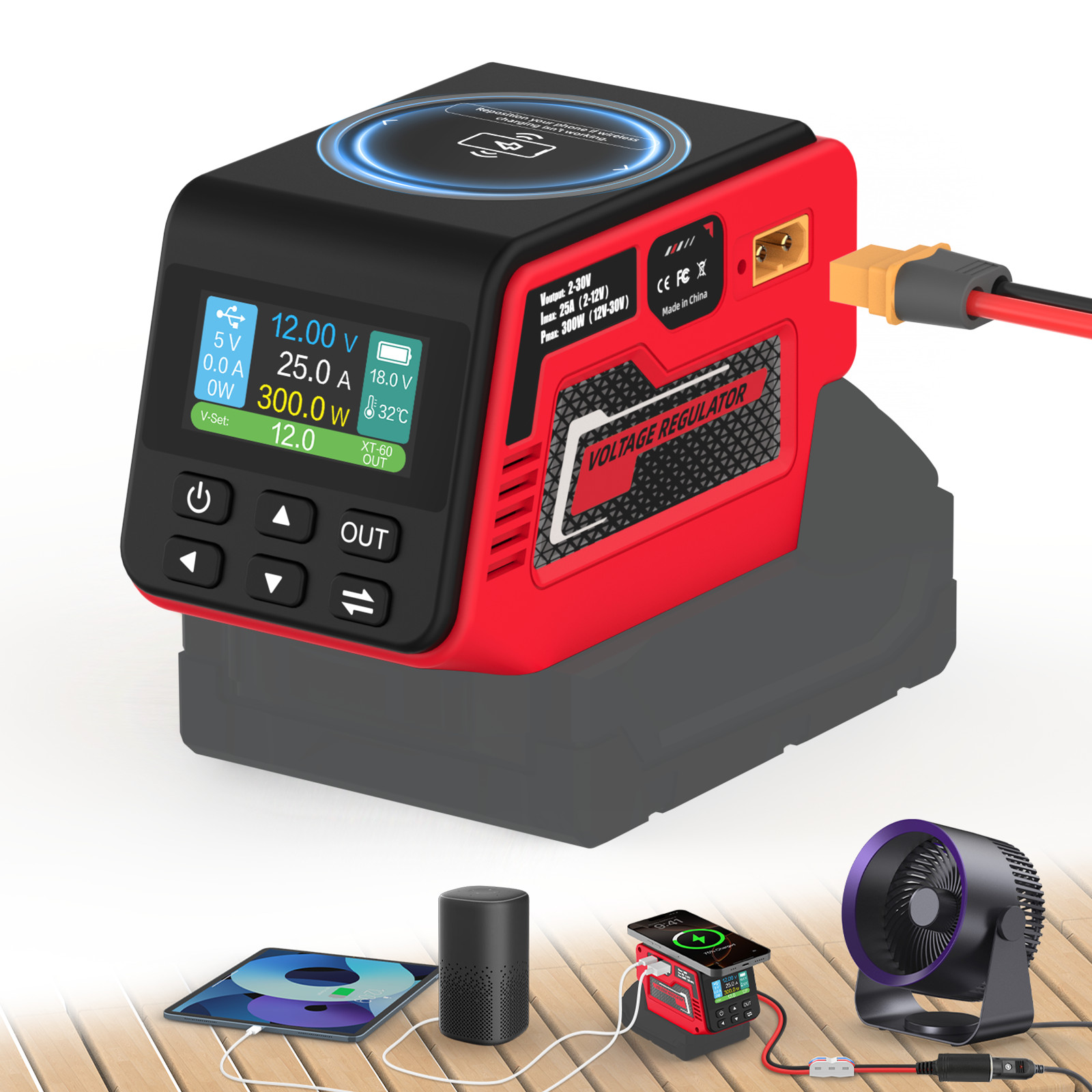 300W Voltage Regulator 2-30V DC Output Compatible with Milwaukee 18V Battery