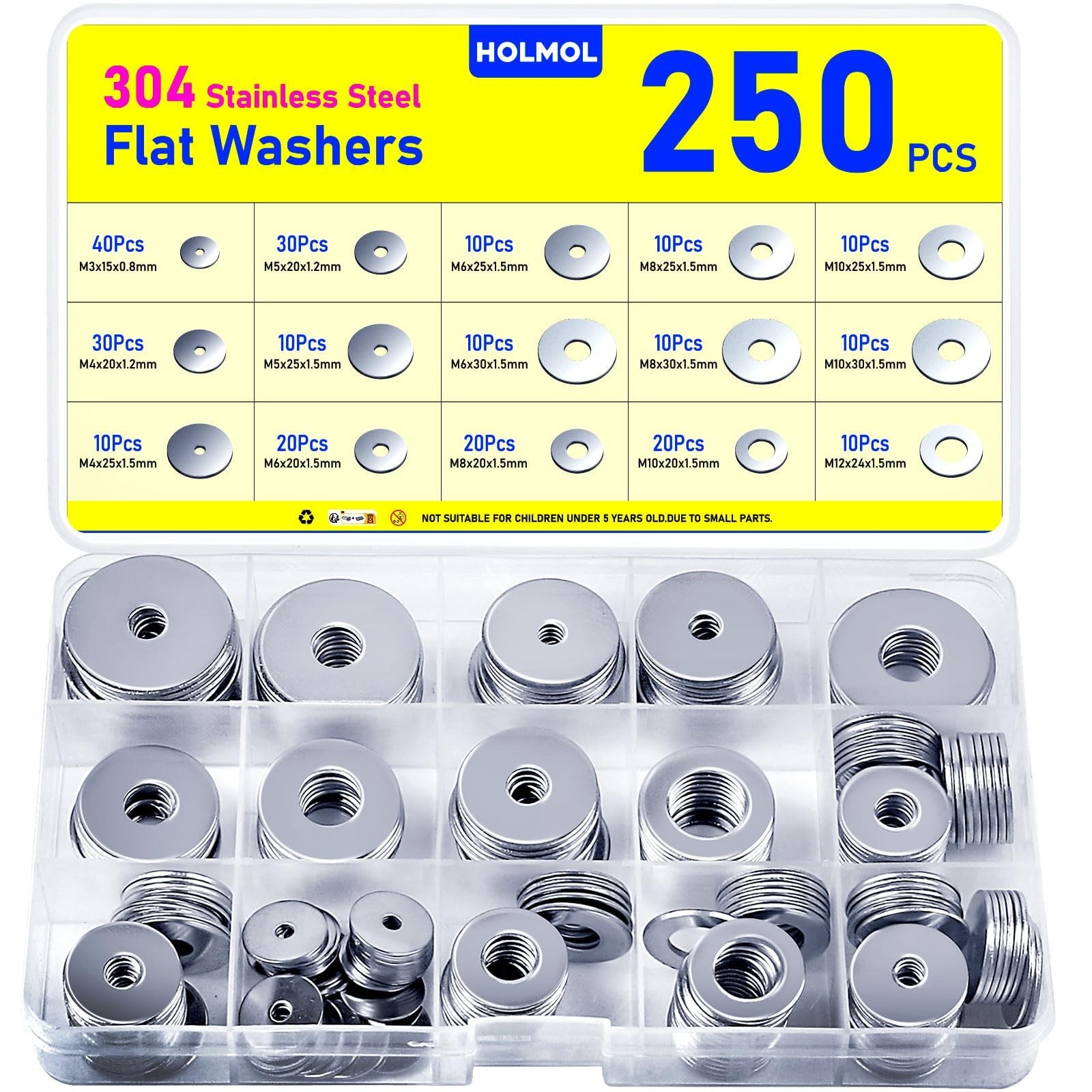 250PCS Flat Washers, HOLMOL Washers for Screws, Stainless Steel Fender Washer…