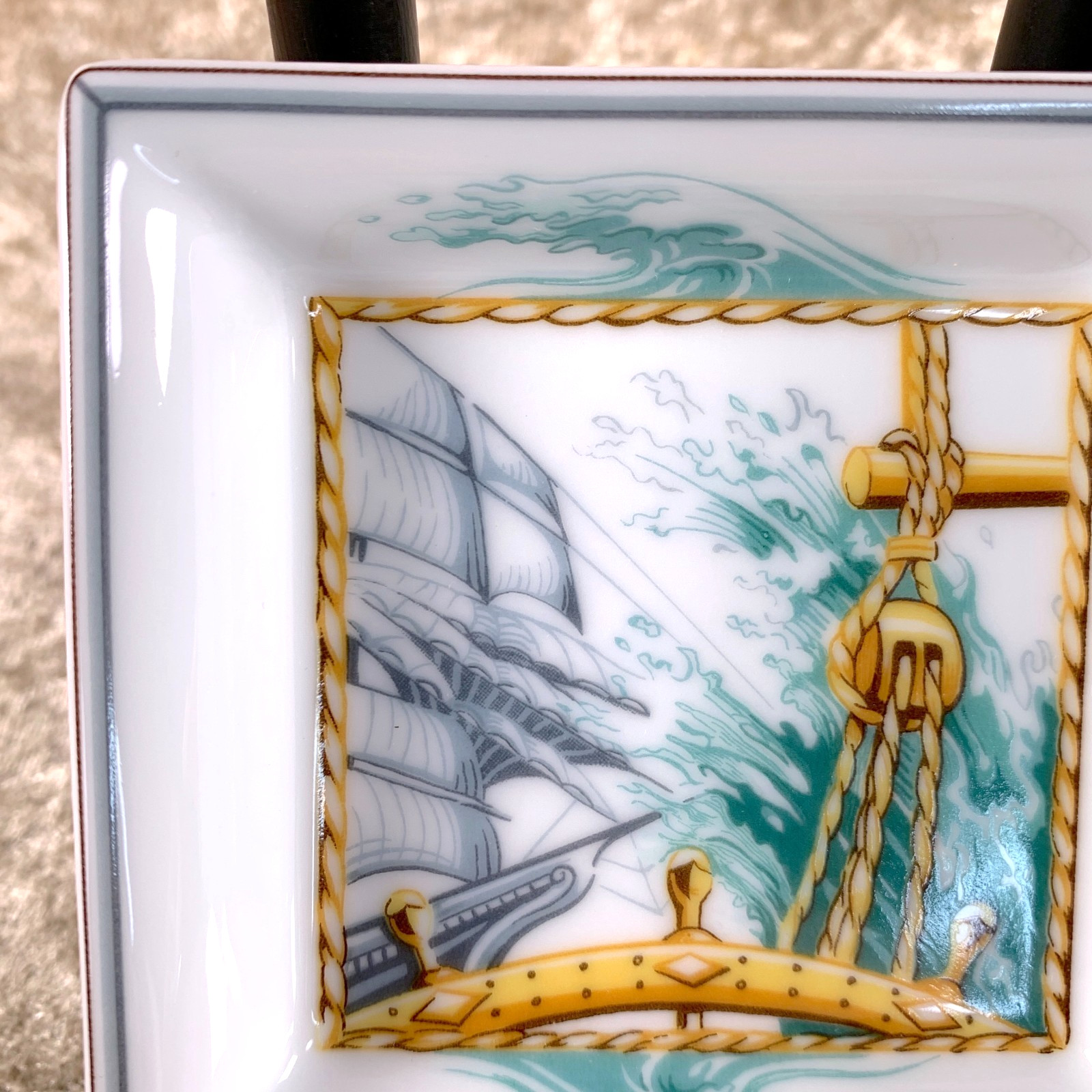Hermes Mini Change Tray Porcelain Ashtray Patchwork 8x8cm Set of 2 with Case
