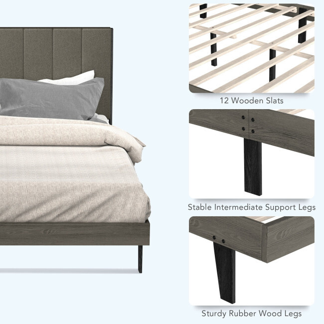 Queen Size Bed Frame Tufted Upholstered Headboard Bedroom W/ Solid Wooden Slat
