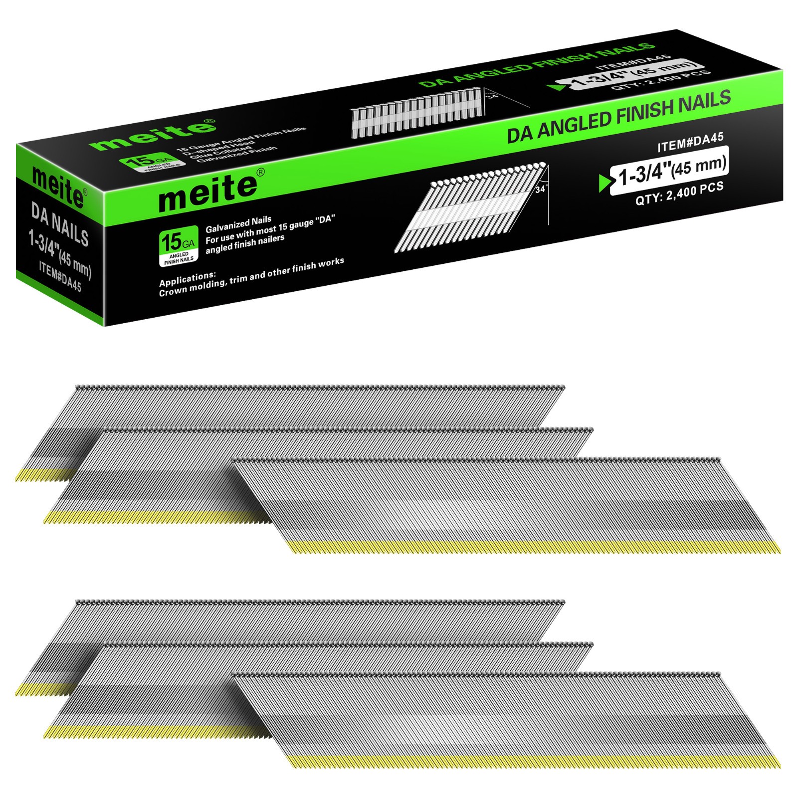 meite DA Nails 15GA Angled Finish Nails for DA Style Finish Nail Gun (2,400 Pcs)