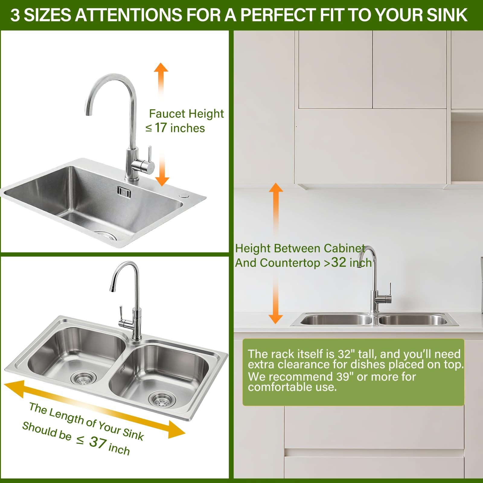 Over The Sink Dish Drainer Drying Rack 3 Tier, Full Stainless Steel Dish Dryi…
