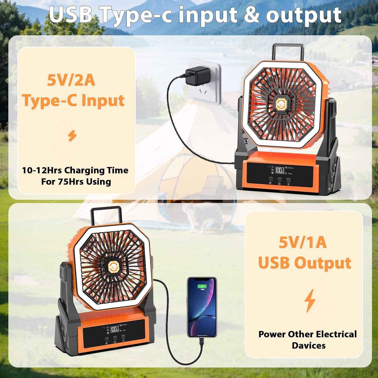 Up to 96hours Battery Portable Camping Fan with 20000mAh Rechargeable Power Bank