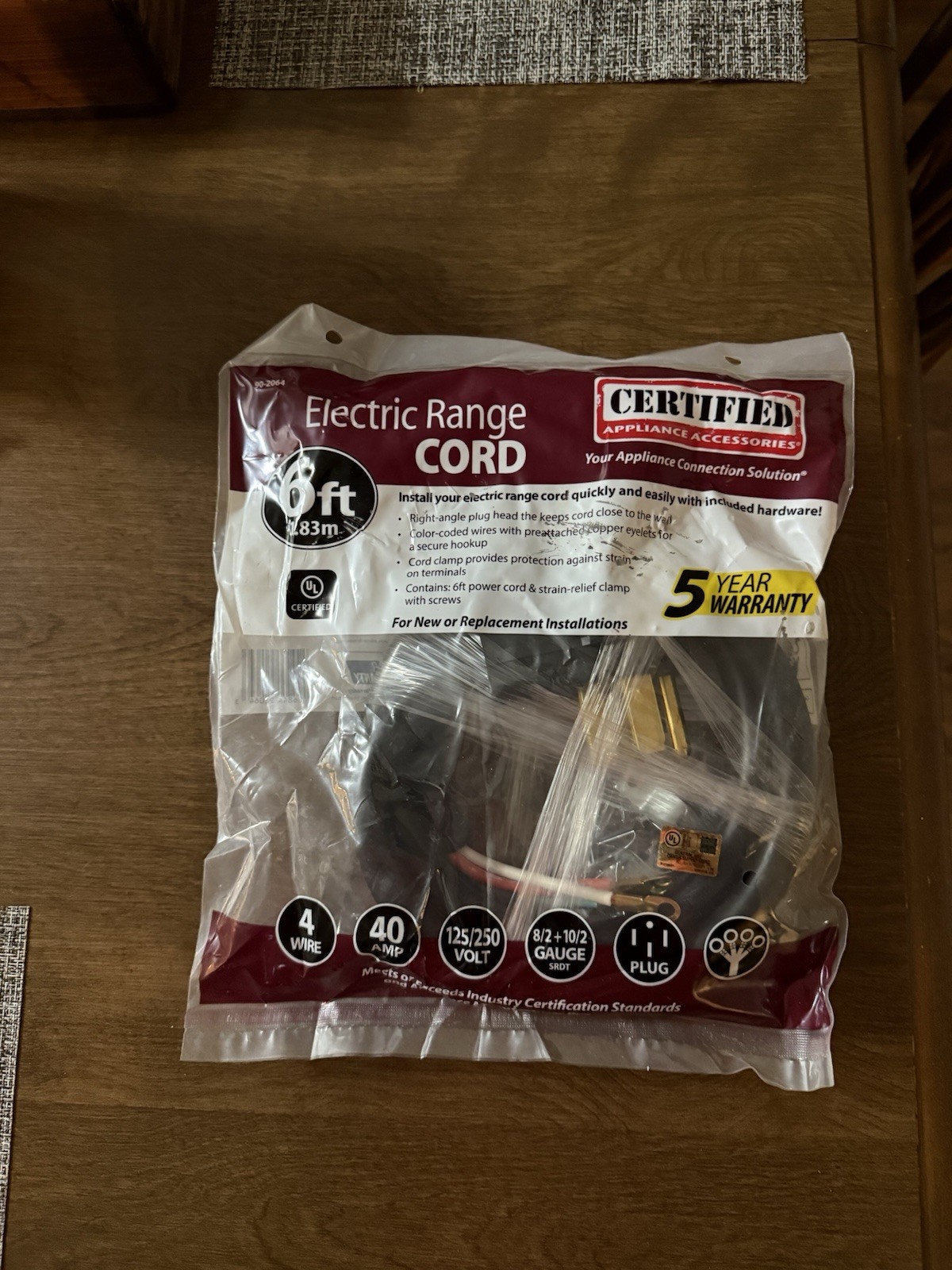 90-2064 Electric Range Cord 4 Wire / 40 Amp / 6 Ft. / 125/250V New