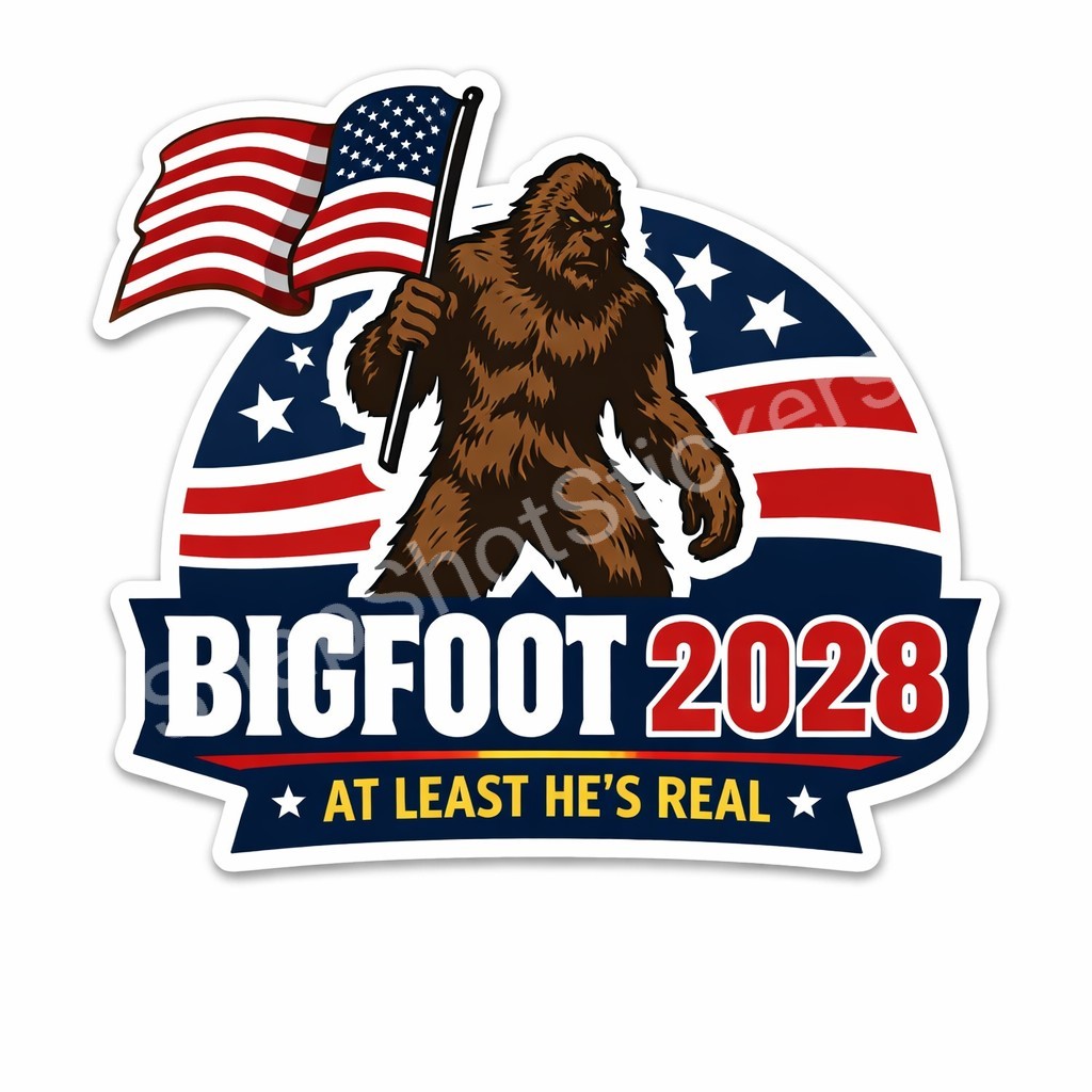 Bigfoot 2028 Sasquatch Funny Political Sticker American Flag Bumper Decal