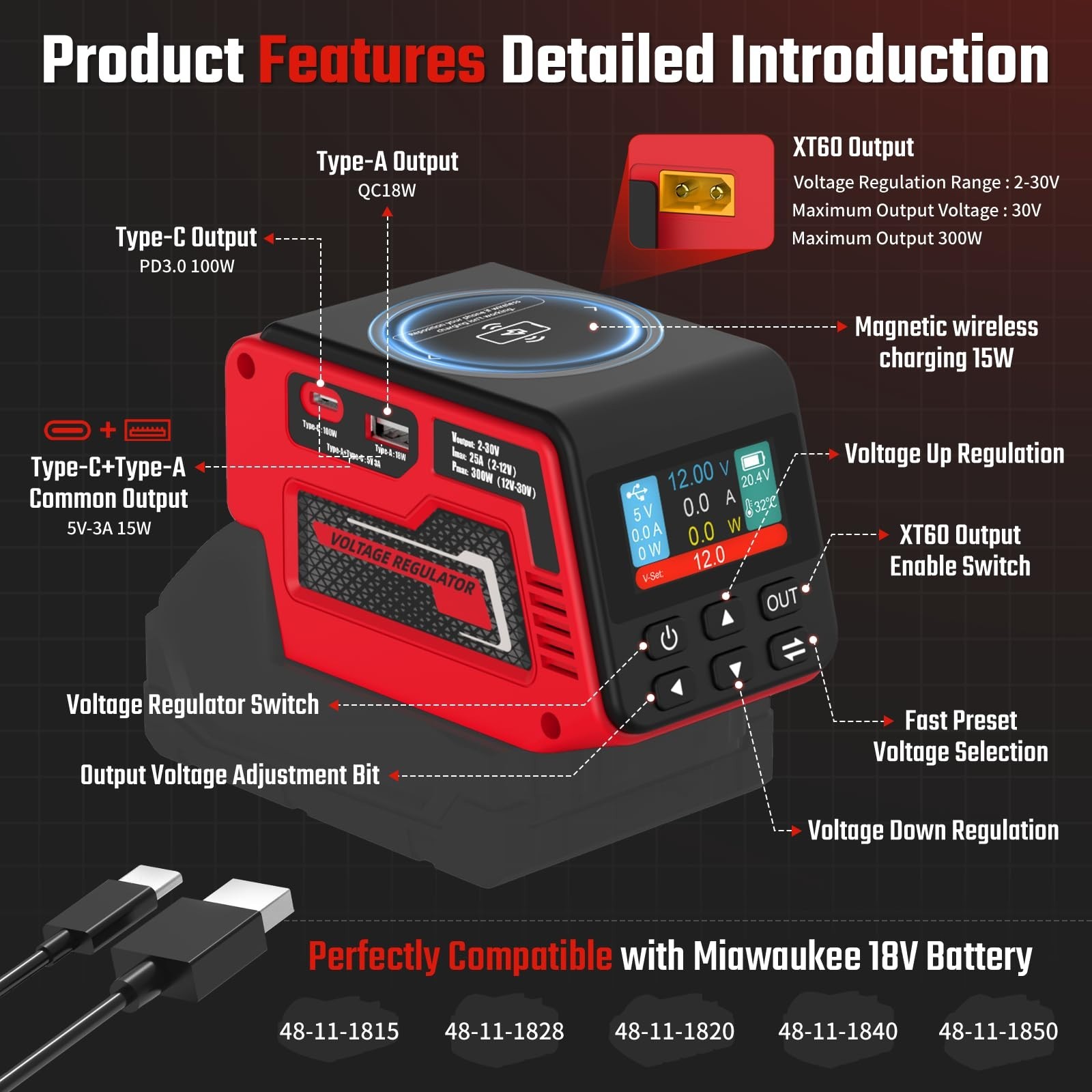 300W Voltage Regulator for Milwaukee 18V Battery 140W USB Charger DIY