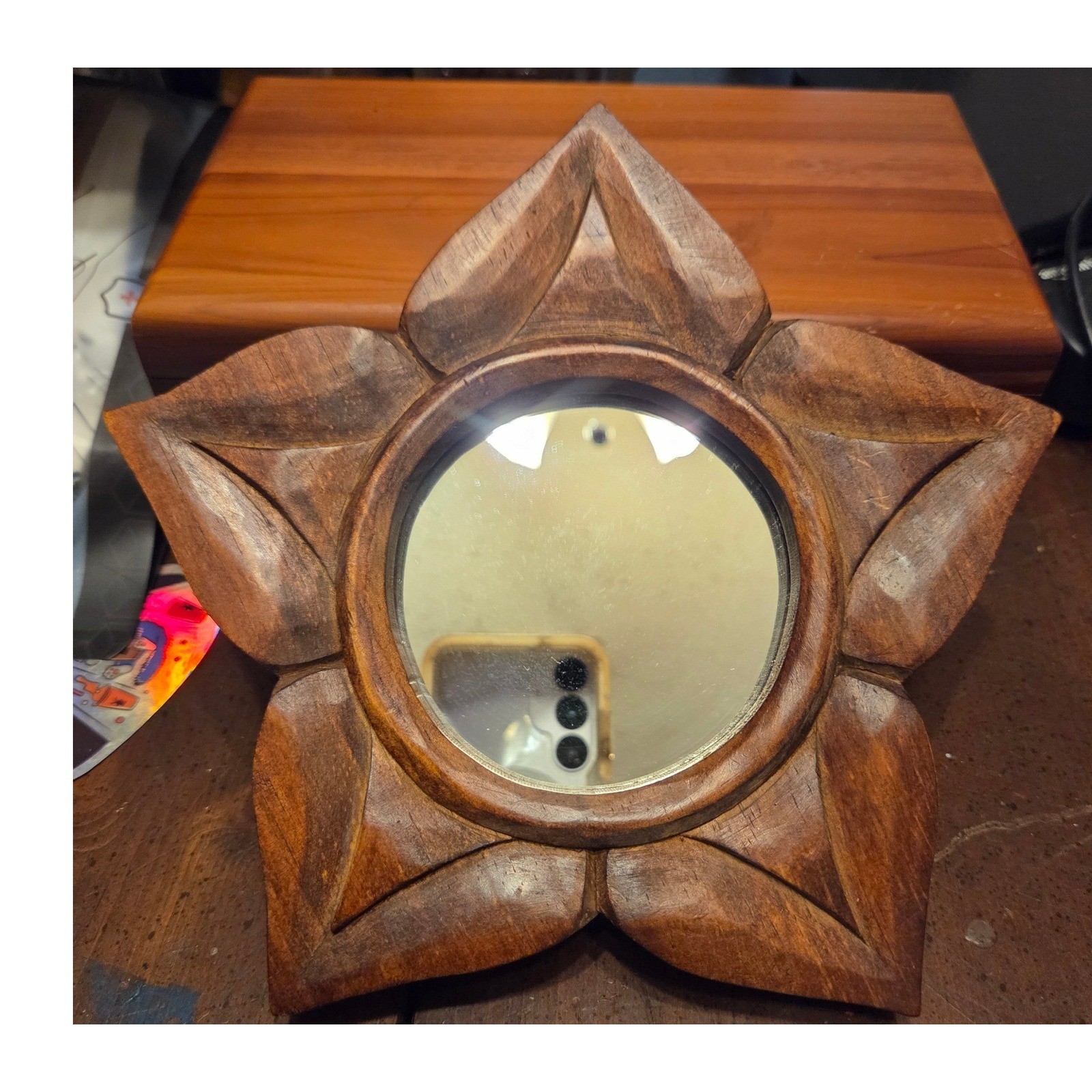 World Market Star Mirror 8.5in Brown Carved Wood Boho Wall Decor Indonesia