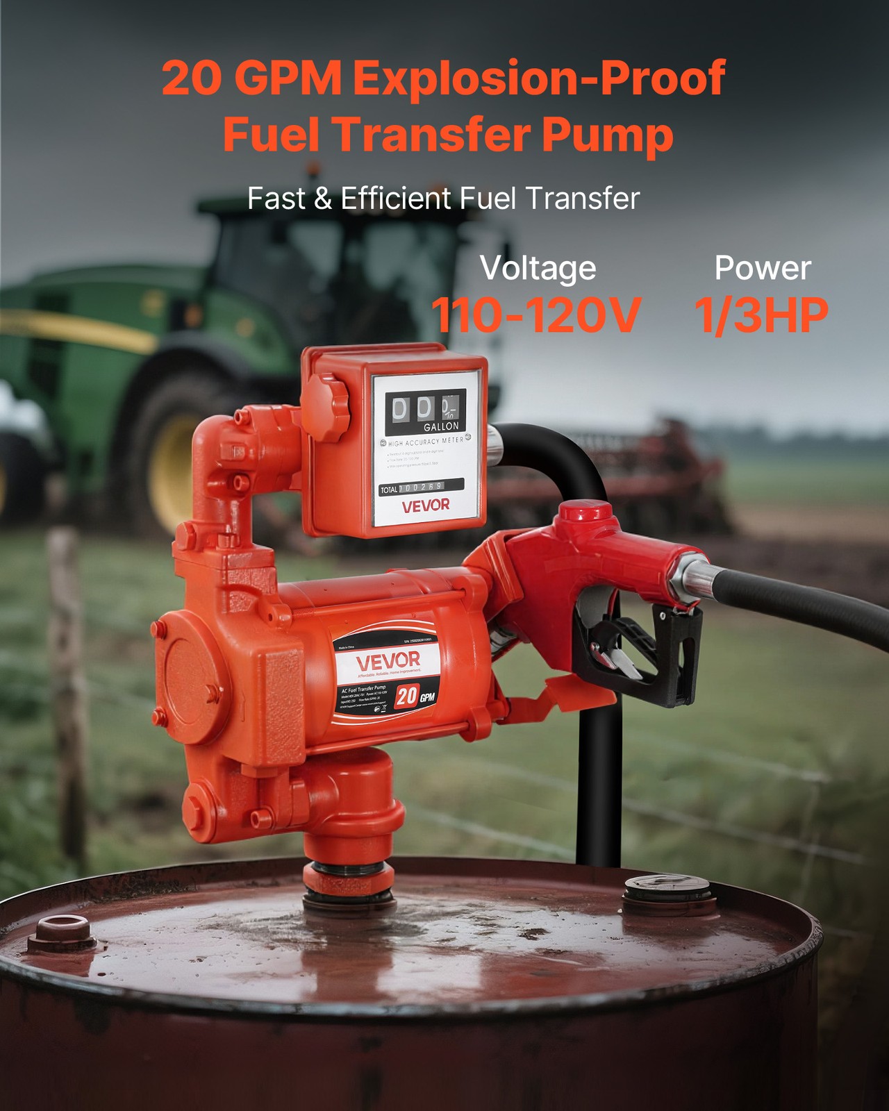 VEVOR Fuel Transfer Pump 110V Electric Oil Pump 20 GPM with Meter Fuel Nozzle