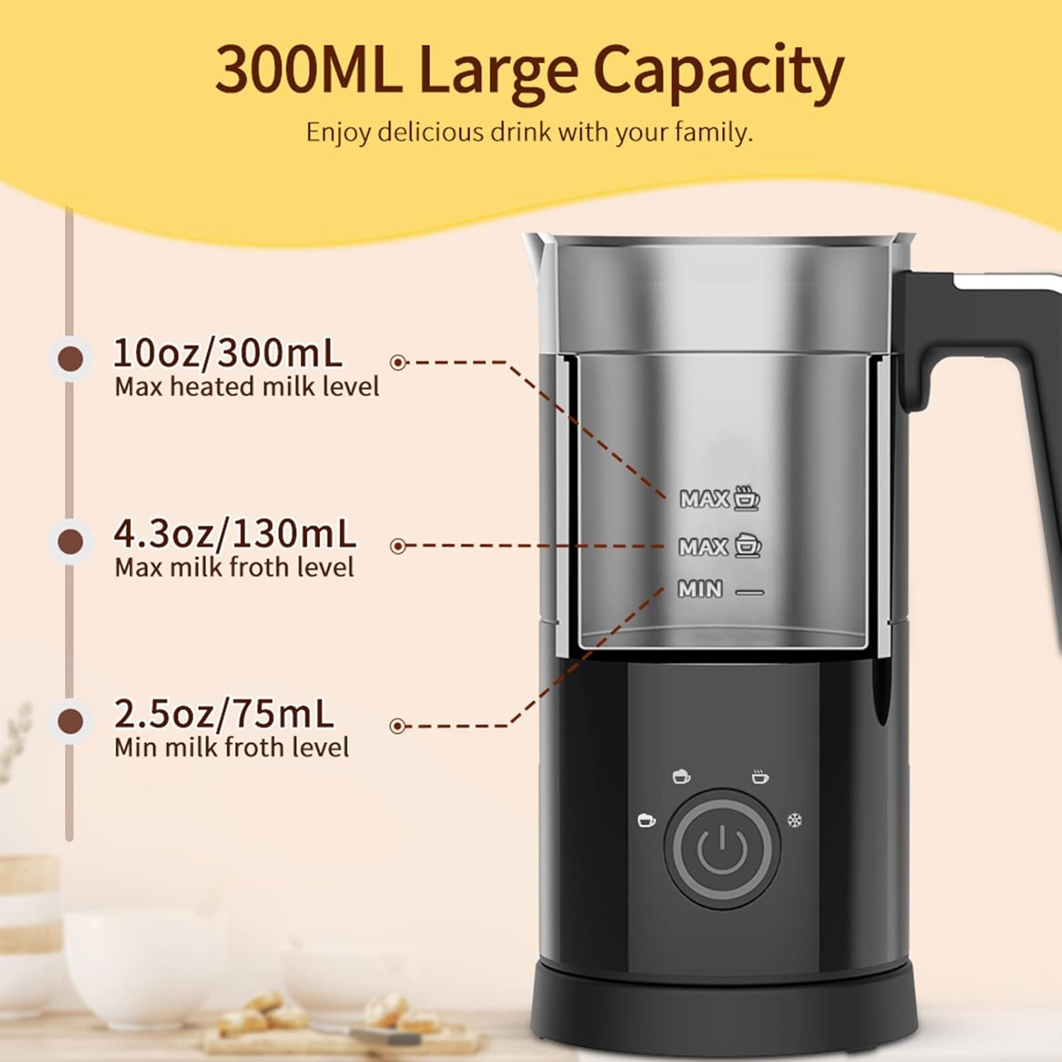 4 in 1 Electric Milk Frother: 10oz/350 mL Large Electric Milk for Hot and Cold